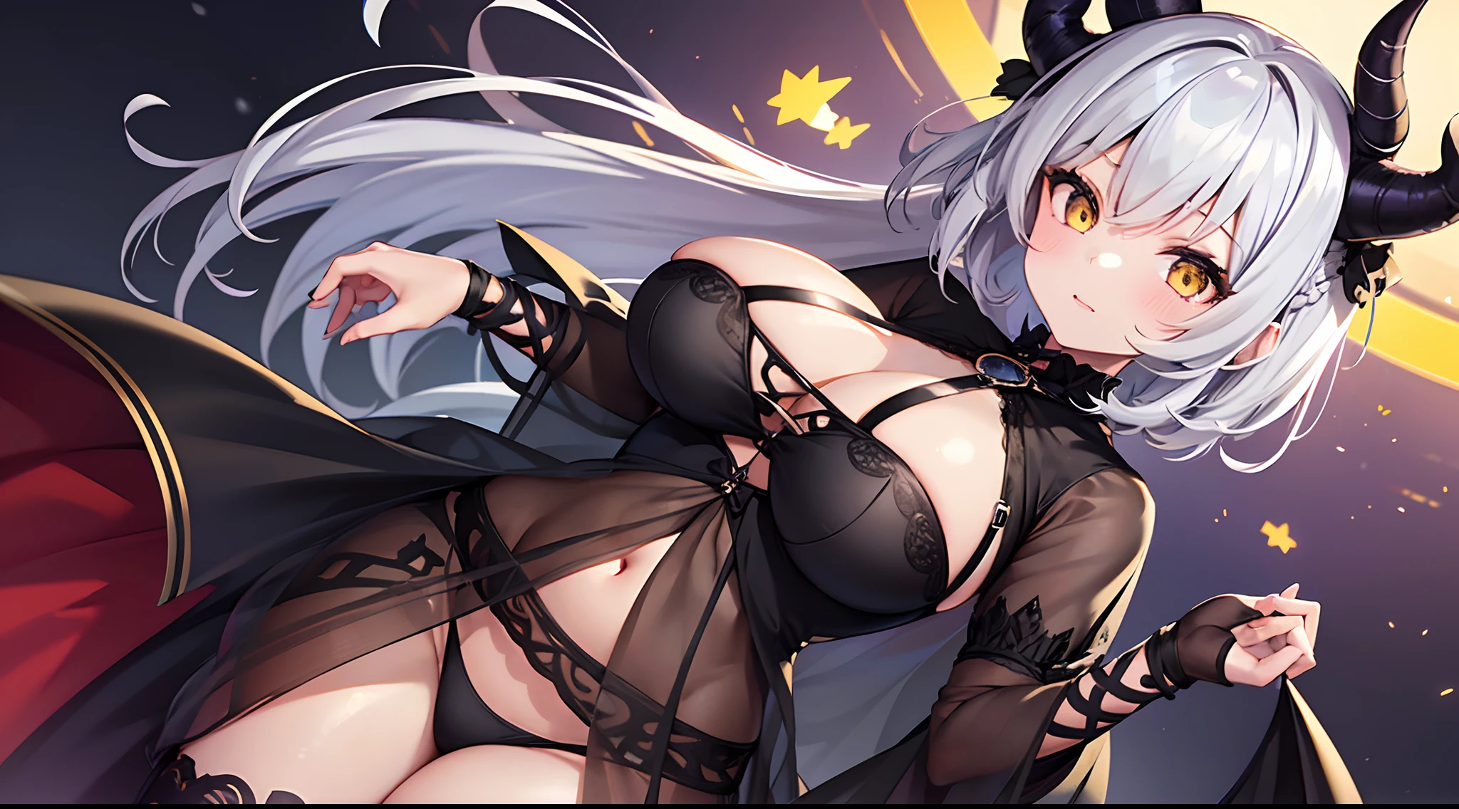 1 girl, game CG, see-through black dress, cleavage visible, navel visible, black panties, devil's tail, devil's horns, bangles, gigantic breasts, silver hair, short hair, french braid, yellow eyes, Halloween background,