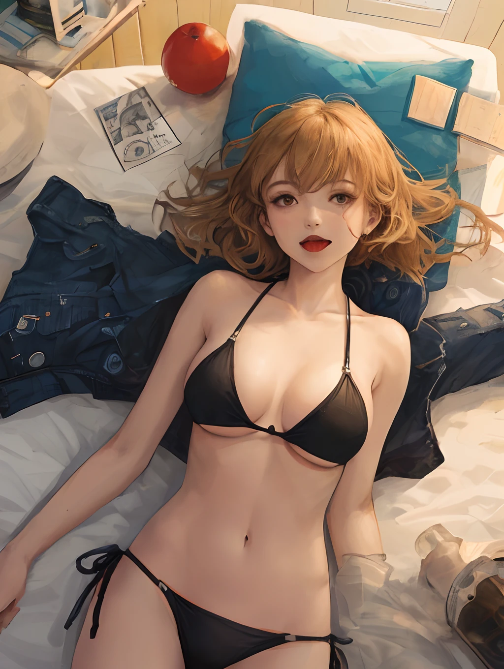 girl,black bikini,Lie down in bed,Stick out your tongue,Be red in the face