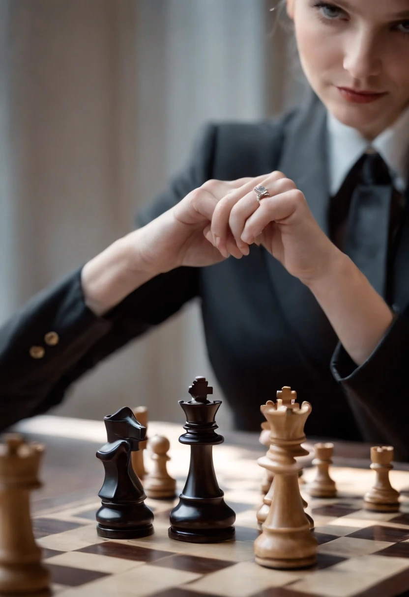 A woman's hand with black leather gloves on the sleeves of a black suit up to a shirt, pointing to a chess piece