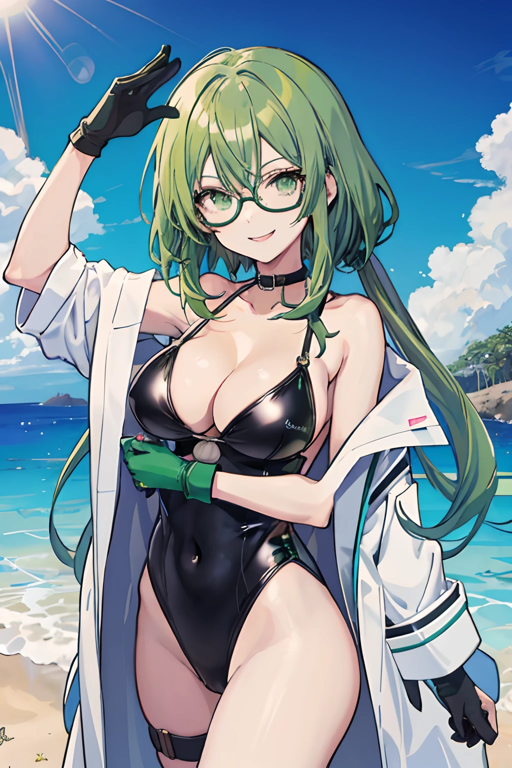 anime girl, smoky green hair, green eyes, lab coat, black one piece swimsuit, googles, gloves, smiling, glasses, f cup breasts, beach, sunny