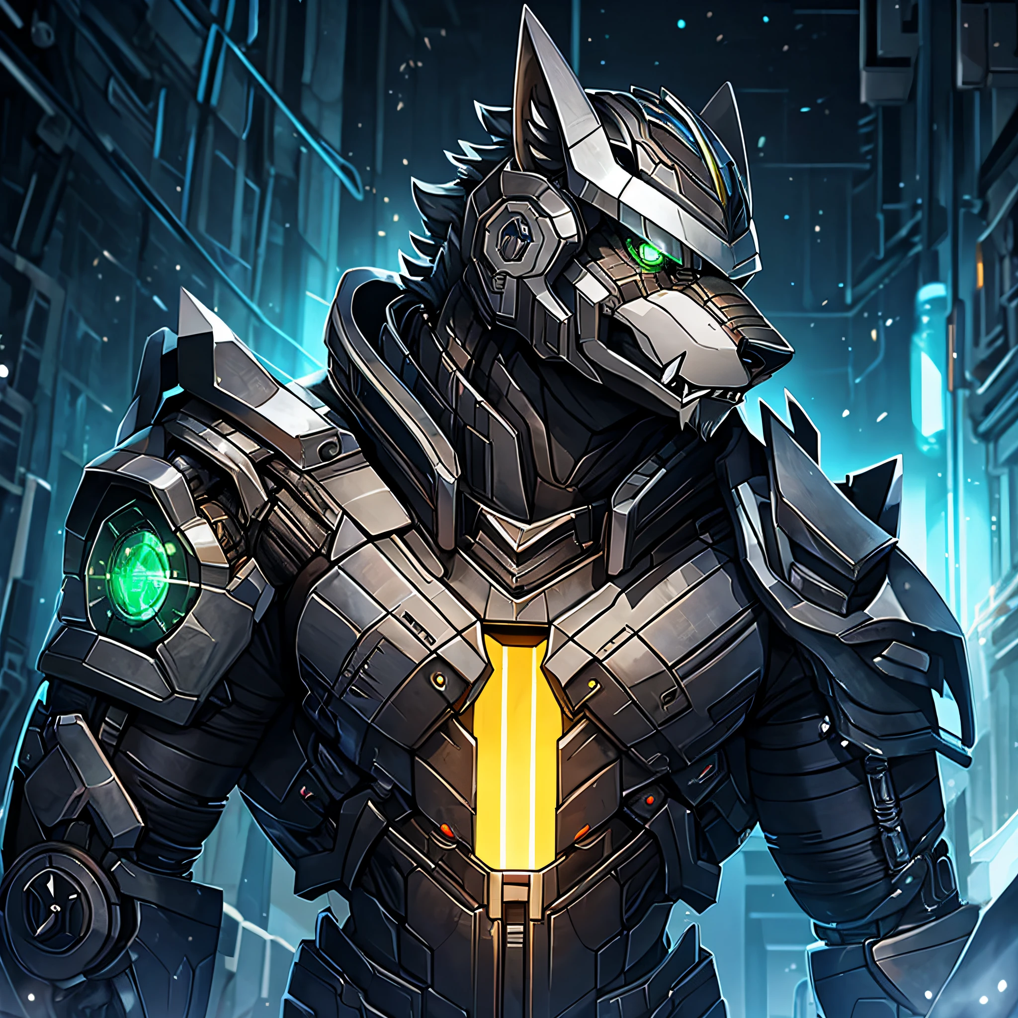 Der Cyborg-Wolf steht in einer dunklen Gasse, beleuchtet vom flackernden Licht nahegelegener Petroleumlampen. Its metal body is covered in intricate watchmaking details, and its wolf-shaped helmet is decorated with sharp fangs. The cyborg's eyes glow with an ominous green light, and he has a cruel expression on his face. Das Bild sollte in HDR sein, mit einem Vignetten- und Bokeh-Effekt im Hintergrund. Der Cyborg sollte im Vollformat sein und in einer bedrohlichen Pose stehen.