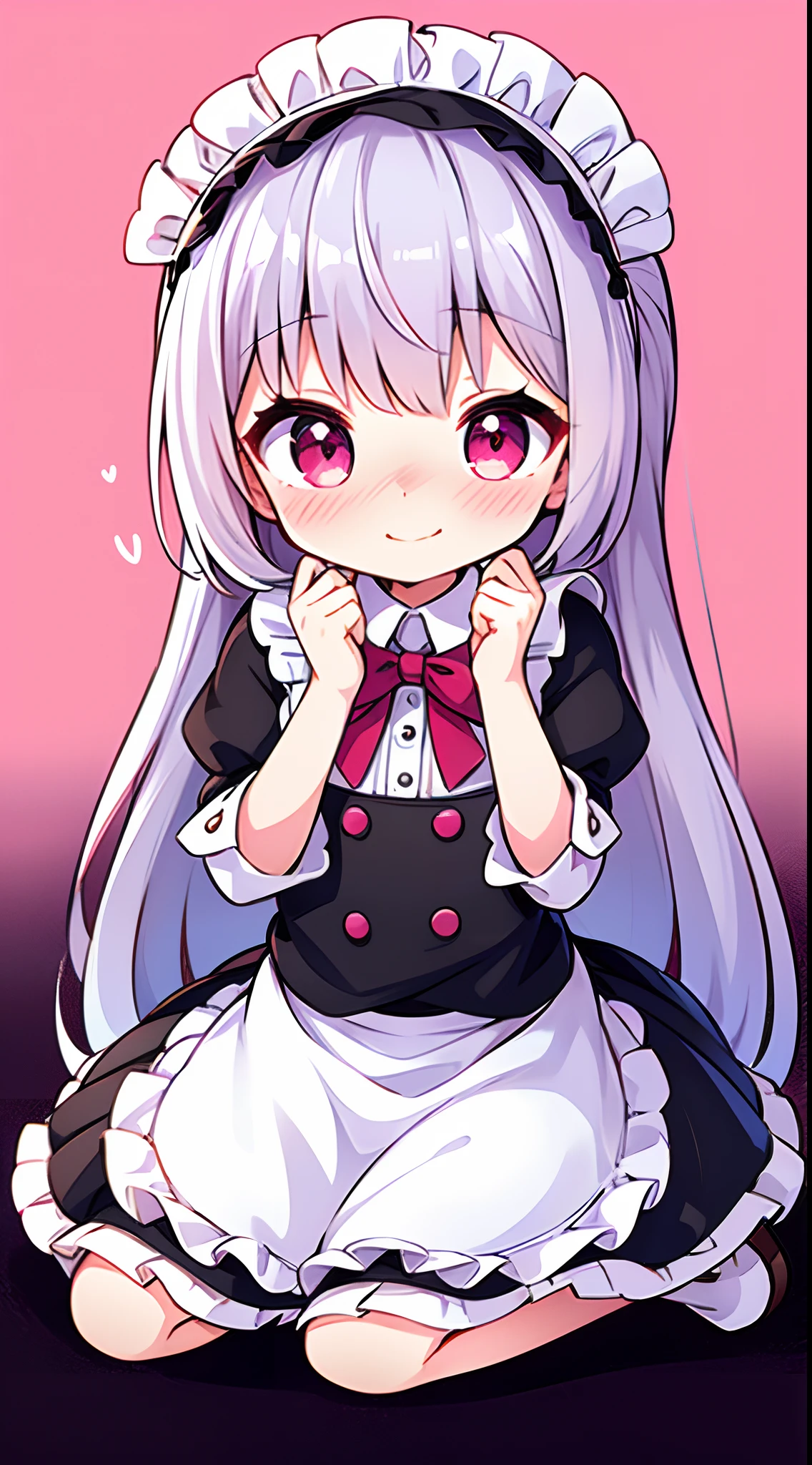 8K picture quality，silber hair,Red-eyed girl,cute little ,Long hair,Heartwarming,a miniskirt,Lolita,A smile,Thumbnail styles，maid clothes，fluffly，full body Esbian,Embarrassed expression,pink sky background,cute background