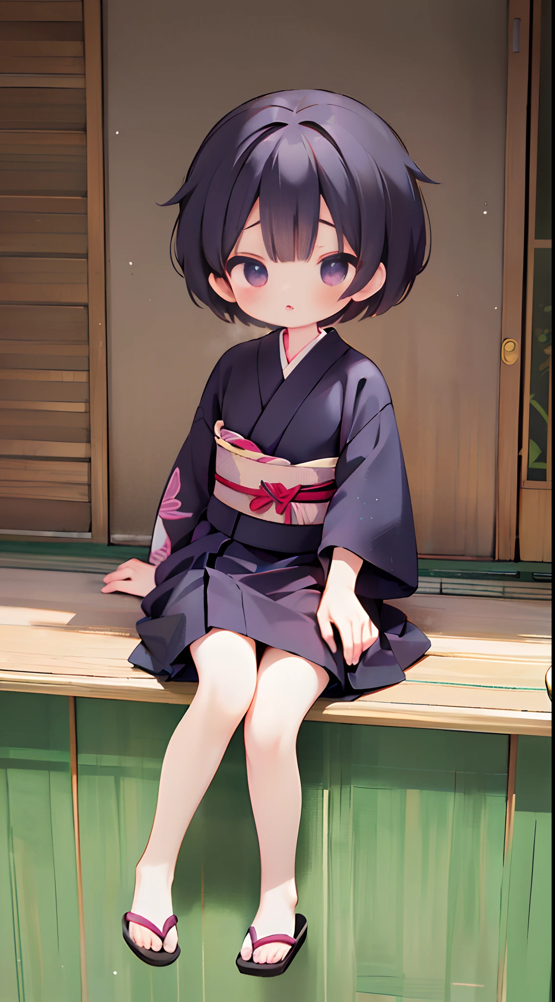(Best Quality,4K,High resolution), girl with, Purple mesh hair on black hair, Boyish short hair,Bery short hair， Comical appearance，deadpan，cold eyes，comic strip，animesque，Comical illustration，Sit neatly and neatly，kimono，komono，hakama，busy，Deformed cute illustration，Compact size，tchibi