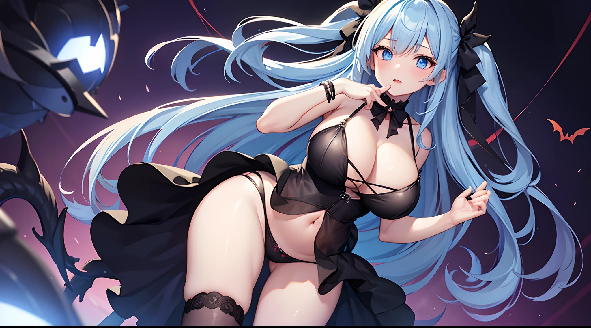 1 girl, game CG, see-through black dress, cleavage visible, navel visible, black panties, devil's tail, devil's horns, string hair ribbon, gigantic breasts, light blue hair, middle hair, two side up, blue eyes, halloween background,