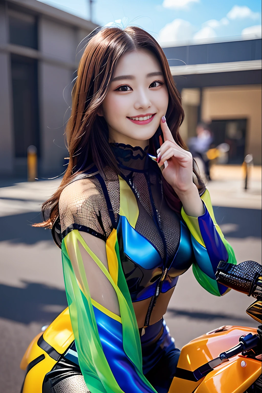 Cybernetic arm and glowing cyber girl,(Sheer and revealing costumes:1.3, ),(Cyber girl riding in the sky on colorful custom painted motorcycle:1.3), Glossy light brown and orange striped shorthair,Cute smile,Perfect round face,A cheerful smile that makes the viewer happy,Proper body proportion,masutepiece,Super high-quality output images,hight resolution,Intricate details,Very delicate and beautiful hair,photos realistic,Dreamy,Professional Lighting,realistic shadow,Solo Focus,Beautiful hands,Beautiful fingers,Detailed finger features,detailed clothes features,Detailed hair features,detailed facial features,