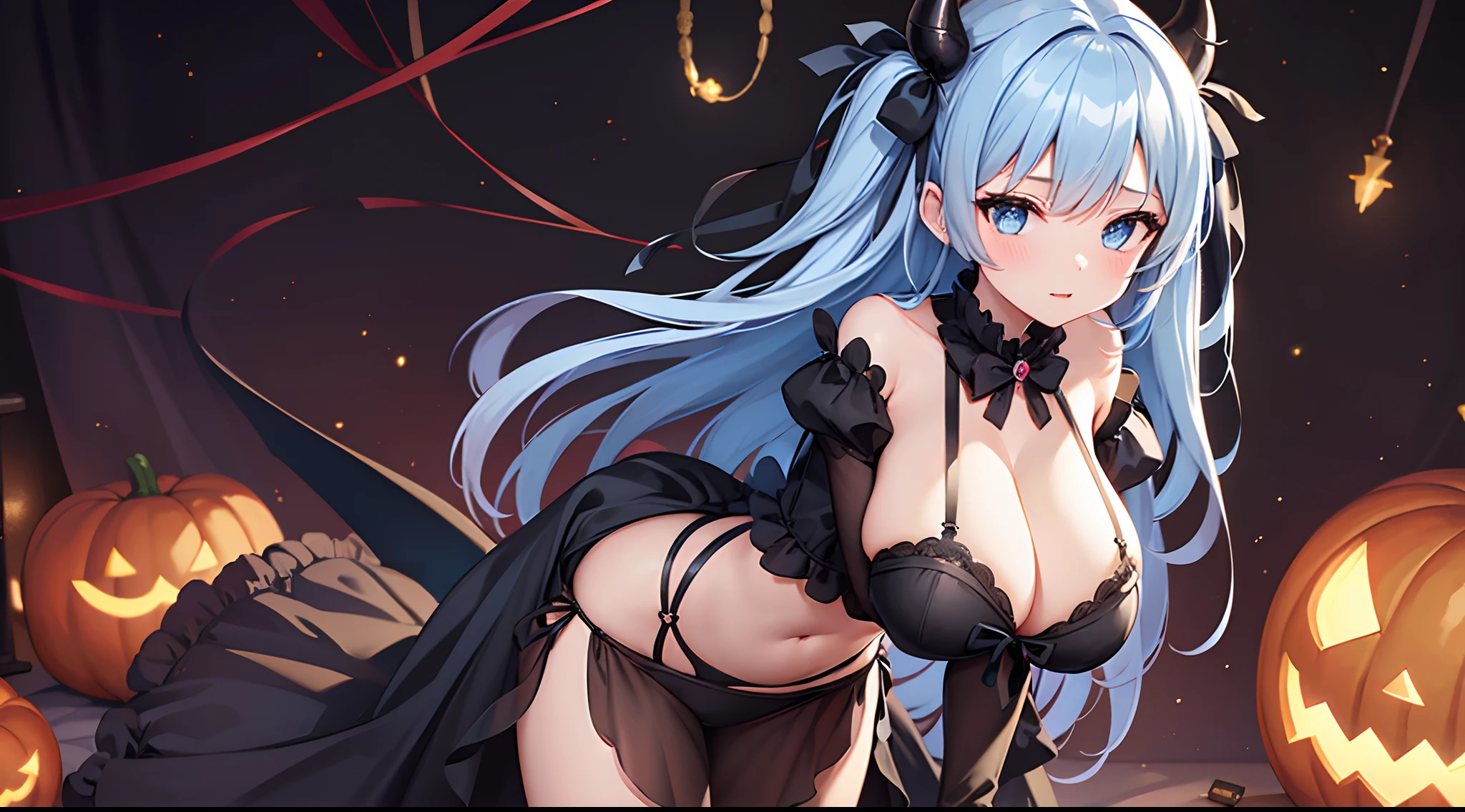 1 girl, game CG, see-through black dress, visible, navel visible, black panties,s tail, devil's horns, string hair ribbon, gigantic breasts, light ir, middle hair, two side up, blue eyes, halloween background,