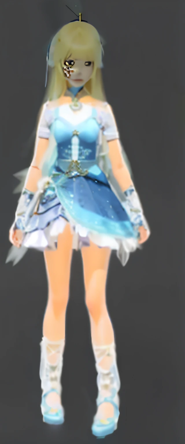 a close up of a japanese girl in a dress, blonde hair, sandals below the length pale blue sandals, pale blue armor, clear outfit design, costume with blue accents, lunar themed attire, fantasy outfit, blue and ice silver color armor, kasumi arimura style 3/4, white and teal garment, maya ali as a wind mage.
