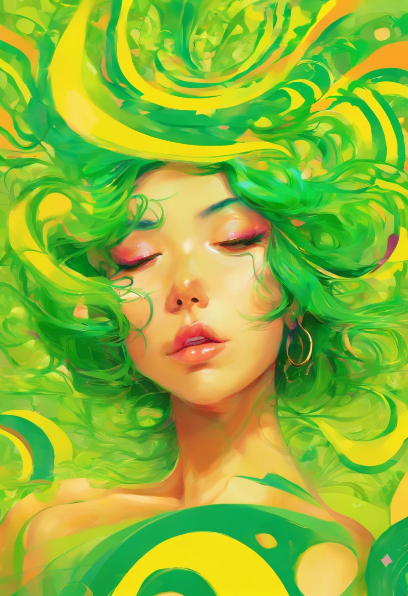 ((top-quality, 8K)), (Realistic), (Face Focus: 1.1), (Yellow and green: 1.3), Kawaii Girl, Hair fluttering in the wind, Facing to the side, Eyes closed, (nudde: 1.1)、D Cup Breasts、