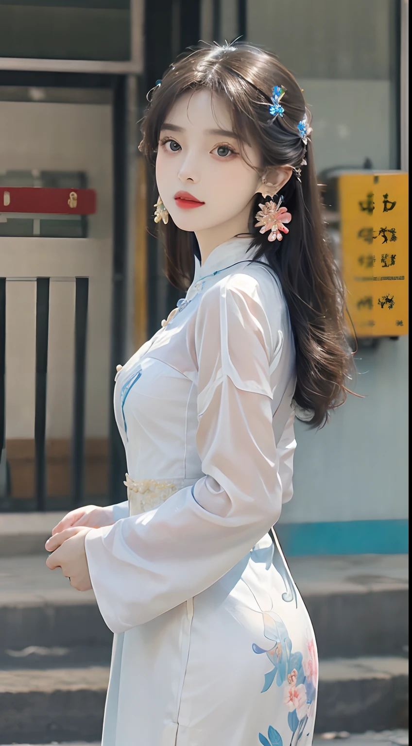 (Masterpiece, Top quality, Best quality, offcial art, Beautiful and aesthetic:1.2), (a beautiful girl in vintage aodai:1.3), Extremely detailed,(Fractal art:1.1),(Colorful:1.1)(Flowers:1.3),highest details,(zentangle:1.2), (Dynamic pose), street, Cyberpunk, (vietnam Traditional aodai:1.2), (Shiny skin), (many color:1.4), ,(Earrings:1.4),
