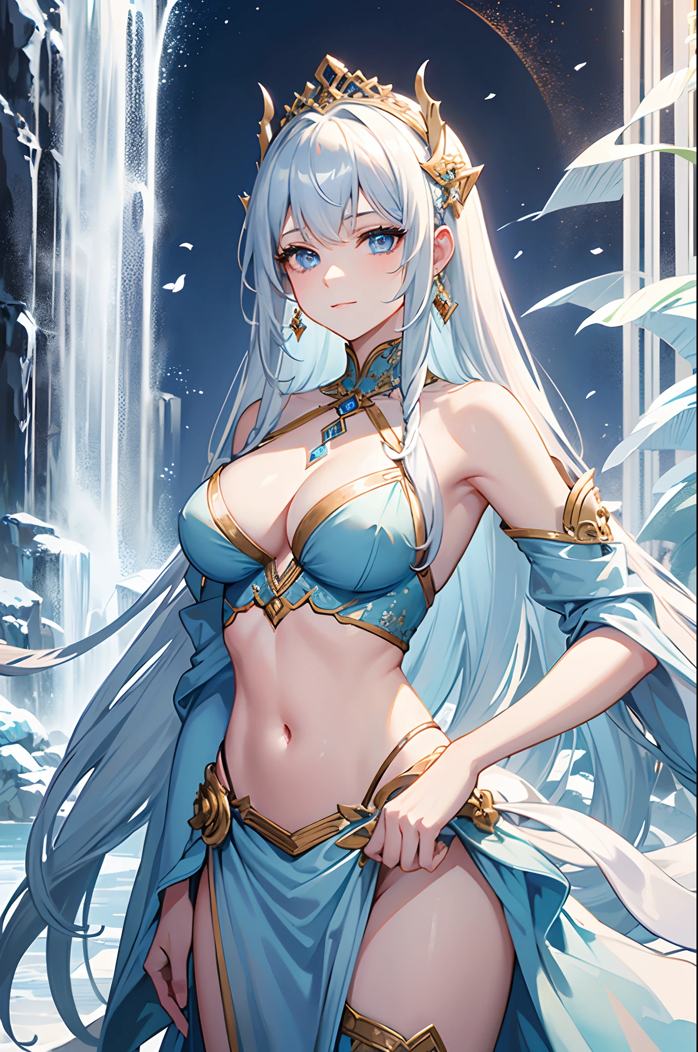 masterpiece, highlydetailed, ultra-detailed, solo, (1girl), (pale skin), icyblue eyes, frosty white hair, (Waterfall Braids hair), young lady, lady chara, medium boobs, goddess, kuudere girl, (Arabian background), (desert), (Arabian gorgeous clothes), (smile:0.8), (harem pants), (tube top), (shawl), (headpiece), (jewelry), (princess), (elegant), (beautiful), (half body)