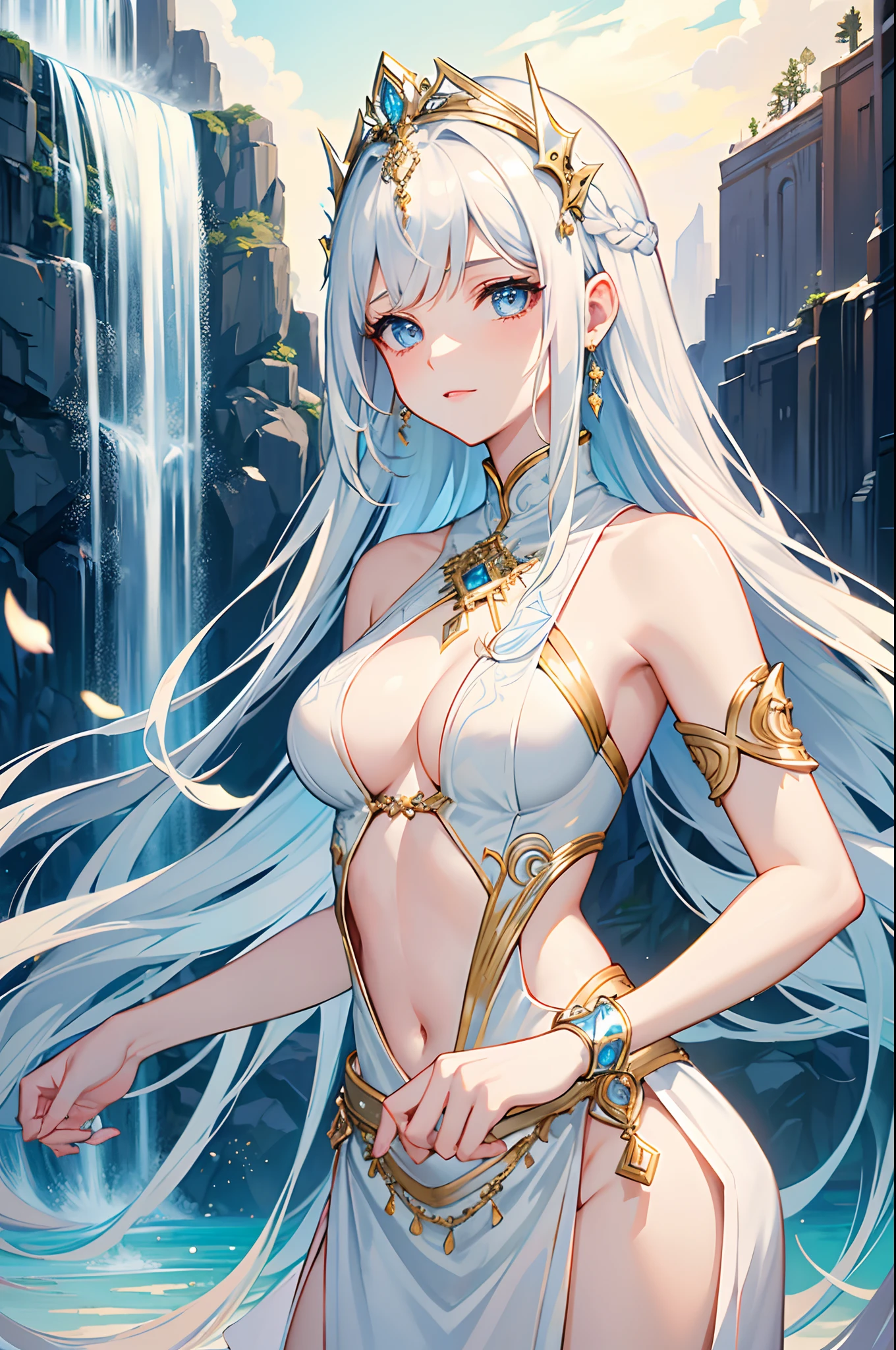 masterpiece, highlydetailed, ultra-detailed, solo, (1girl), (pale skin), icyblue eyes, frosty white hair, (Waterfall Braids hair), young lady, lady chara, medium boobs, goddess, kuudere girl, (Arabian background), (desert), (Arabian gorgeous clothes), (smile:0.8), (harem pants), (tube top), (shawl), (headpiece), (jewelry), (princess), (elegant), (beautiful), (half body)