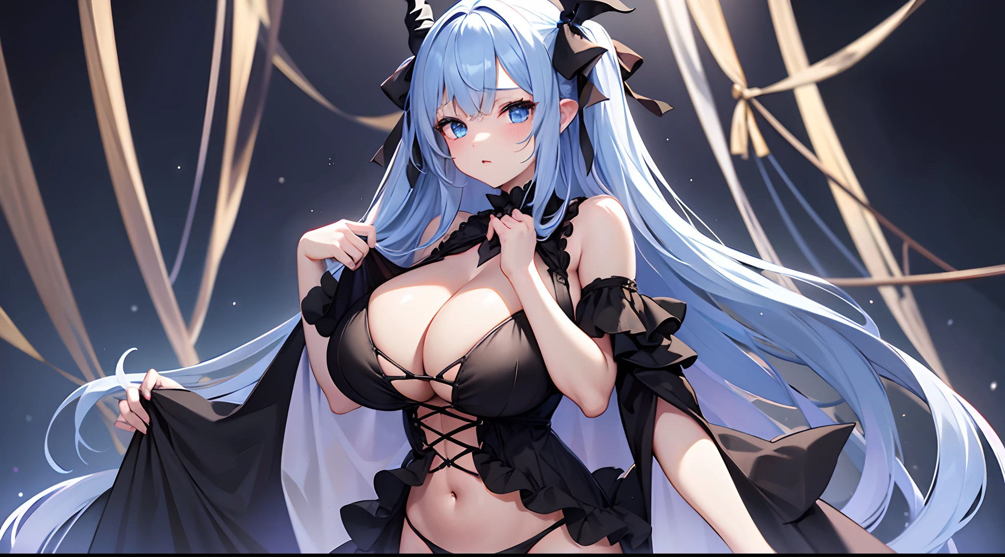 1 girl, game CG, see-through black dress, cleavage visible, navel visible, black panties, devil's tail, devil's horns, string hair ribbon, gigantic breasts, light blue hair, middle hair, two side up, blue eyes, halloween background,