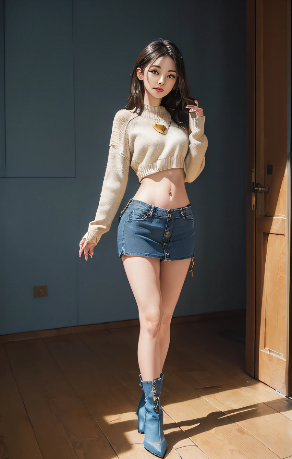 ((masuter piece:1.3)、(8K、Photorealsitic、Raw photography、top-quality: 1.4)、(1girl in)、Beautiful expression、(Lifelike face)、(A dark-haired、long)、 Beautiful hairstyle、realisticeyes、Beautiful details、（real looking skin）、Beautiful skins、absurderes、enticing、超A high resolution、A hyper-realistic、high-detail、the golden ratio、 ((wide open abdomen))、((open abdomen))、((wide open navel))、((open navel))、((Bare belly))、((Mid-Riff Sweater))、((Ultra-low rise、Denim Mini Skirt))、 ((Navel Ejection))、((small hips))、((long limbs))、((Full body depiction))、((small  hip))、(boots)、((Ultra-low rise))、((Denim Mini Skirt))、((is standing))、