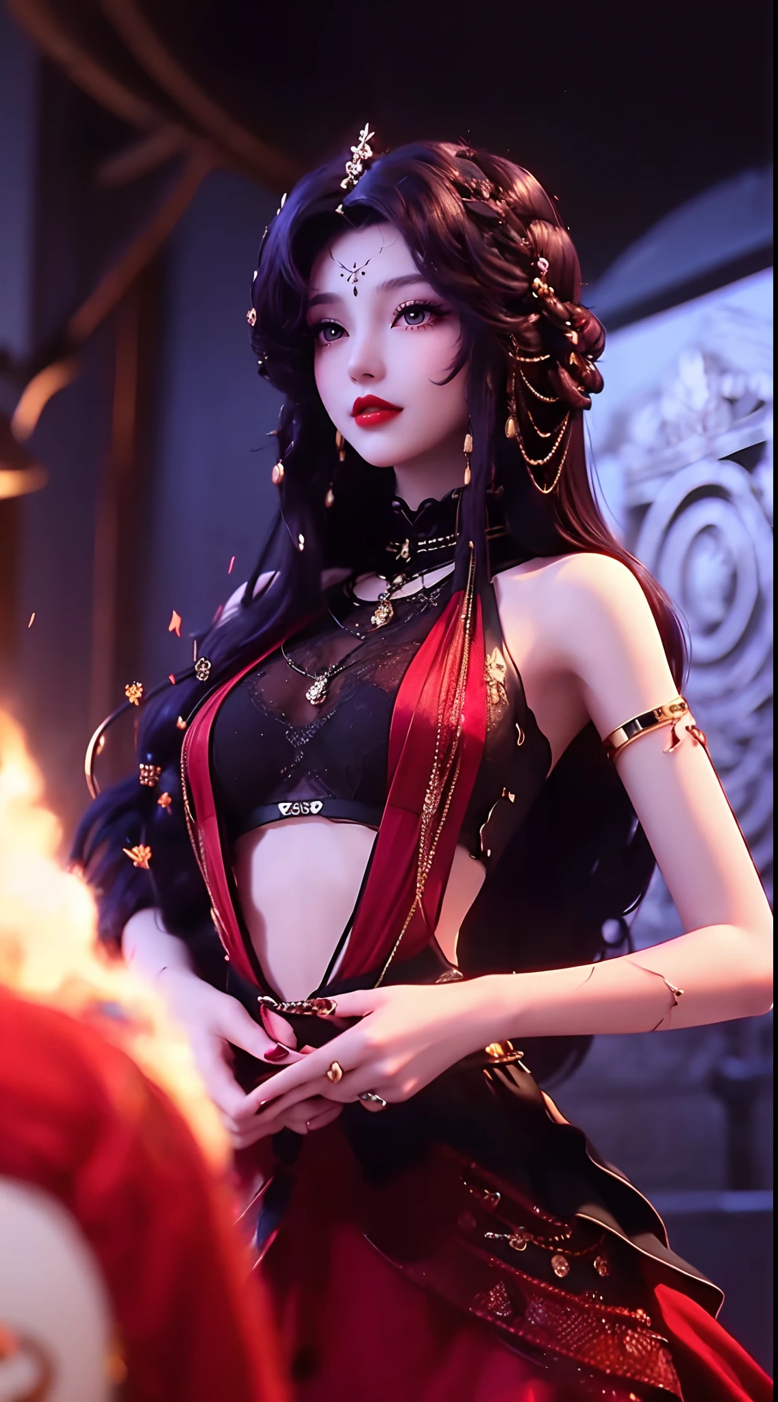 1 beautiful and sexy 20 year old girl, ((Wearing an ultra-thin red dress:1.6)), Diamond dress, ((Long black purple hair:1.6)), bangs, Jewelry made of gemstones and beautiful hair, ((Wear a black lace necklace:1.4))), Noble, noble demeanor, Her little face is super cute, Her face is beautiful, Thin eyebrows, flawless and beautiful face, ((black eye pupil: 0.8)), verybeautifuleyes, ((Black eyes: 1.6)), Beautiful makeup and hair detailed eyelashes, Hot eye makeup, High nose, Earrings, Red lips,(((((high-heels)))))