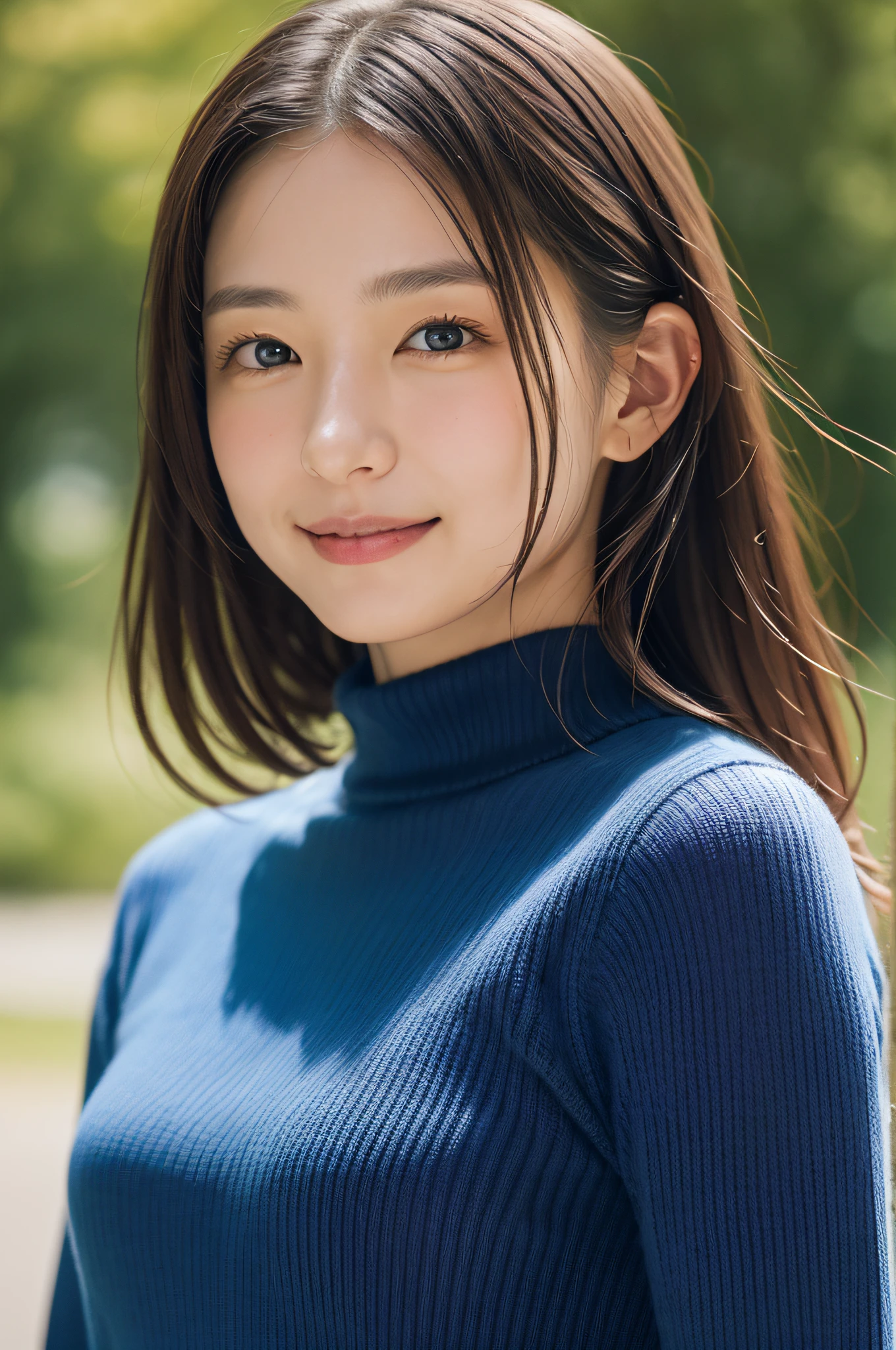 A woman with long hair wearing a blue turtle neck top - SeaArt AI