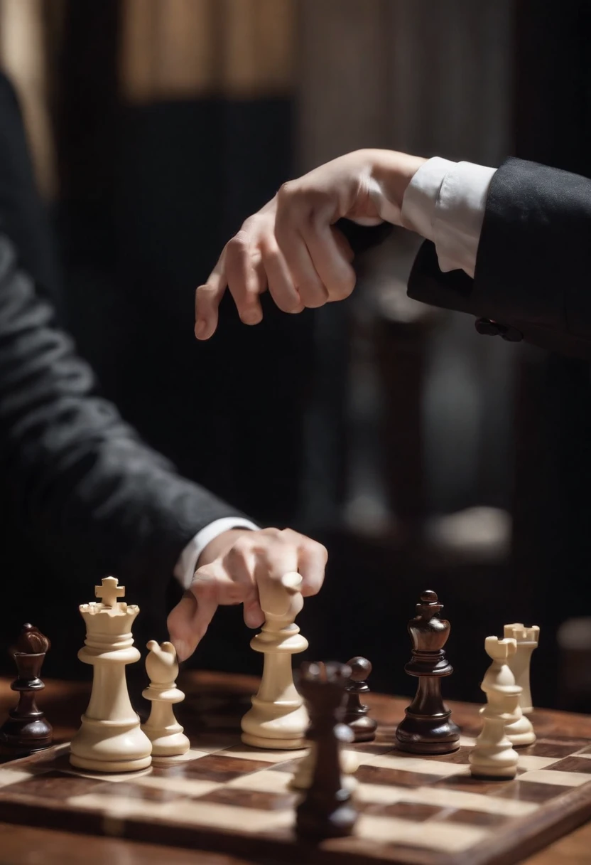A woman's hand with black leather gloves on the sleeves of a black suit up to a shirt, pointing to a chess piece