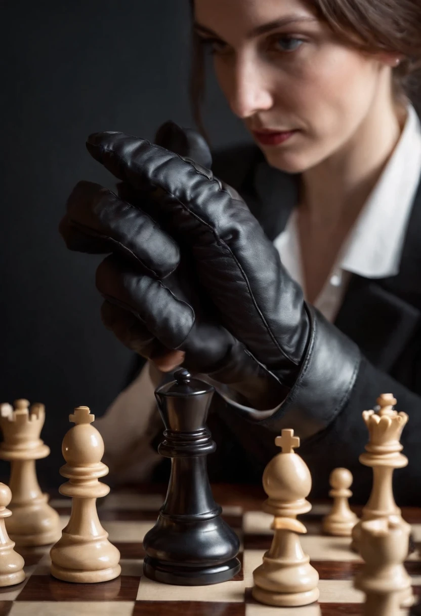A woman's hand with black leather gloves on the sleeves of a black suit up to a shirt, pointing to a chess piece