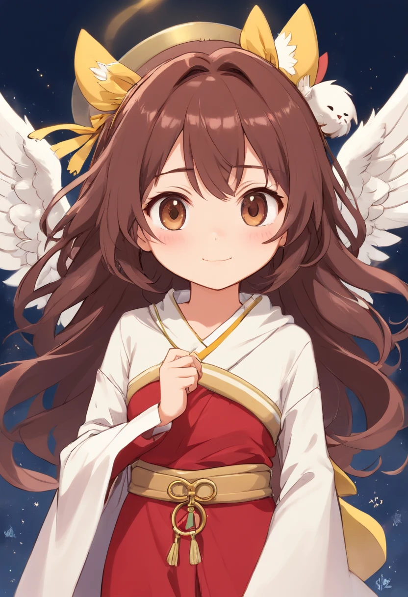 1人の女の子, angel, brown leather, curl hair dark brown, cuerpo delgado, atributos femeninos ligeros. vestimenta blanca, top blanco con detalles dorados, bare belly and collarbone, falda blanca larga, cuerda dorada amarrando la cintura, Bufanda roja en la cintura centrada, corona de espigas doradas en la cabeza, 5 espigas. Boca de gato Chibi, cara feliz, colorete en las mejillas. fondo simple, Artes conceptuales, Character Design.
