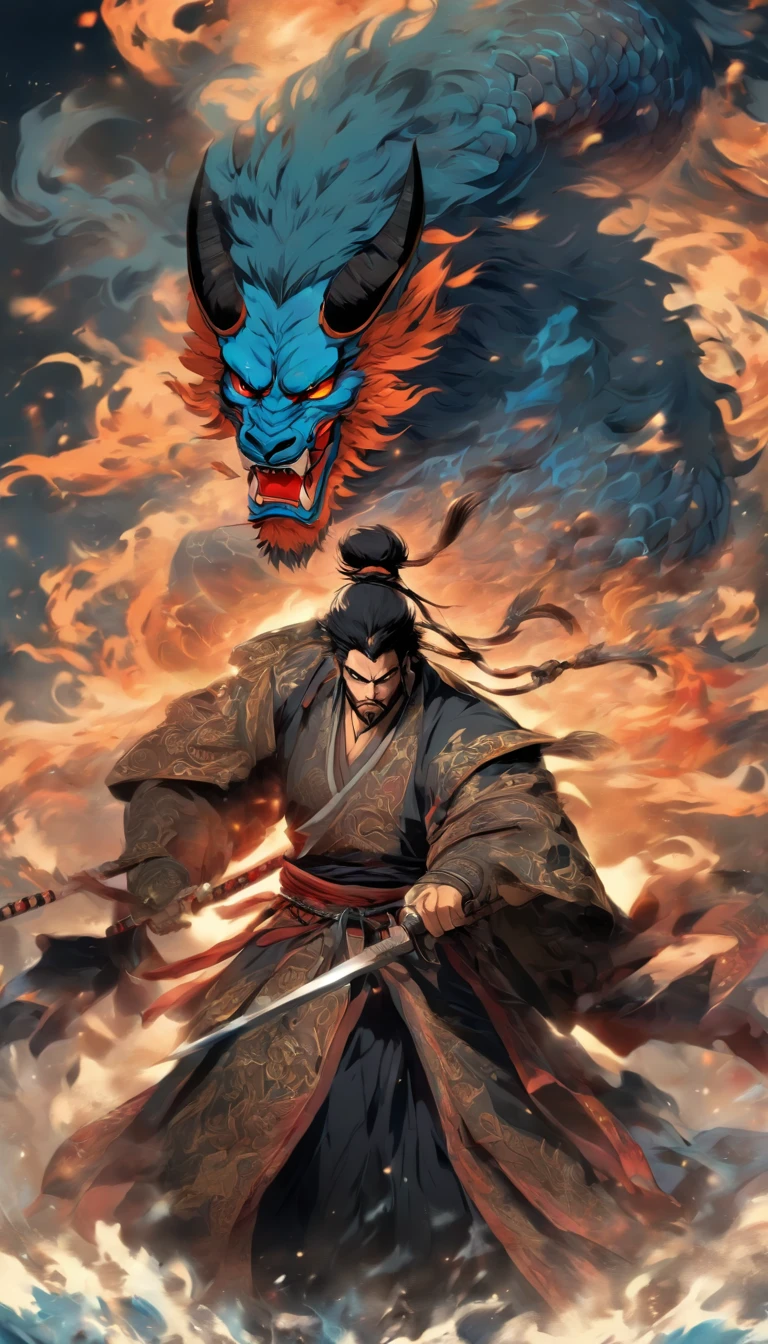 middle aged man, Evil painting style, hight resolution, black colored hair, Half of the demon body and half of the demon's face, chinese warrior, Delicate three-dimensional blue flame demon face, beard, Wearing a hat, anger expression, Perfect body proportions, caftan, Black and white robes, The scabbard hangs from the waist, Handsome, full-body view, standing on your feet, （White background：1.3）, sword holding, He held a long, wide and heavy knife in his hand, Face the lens, （Blackn clothes：0.8）, high detailing, masutepiece, ccurate, Anatomically correct, Textured skin