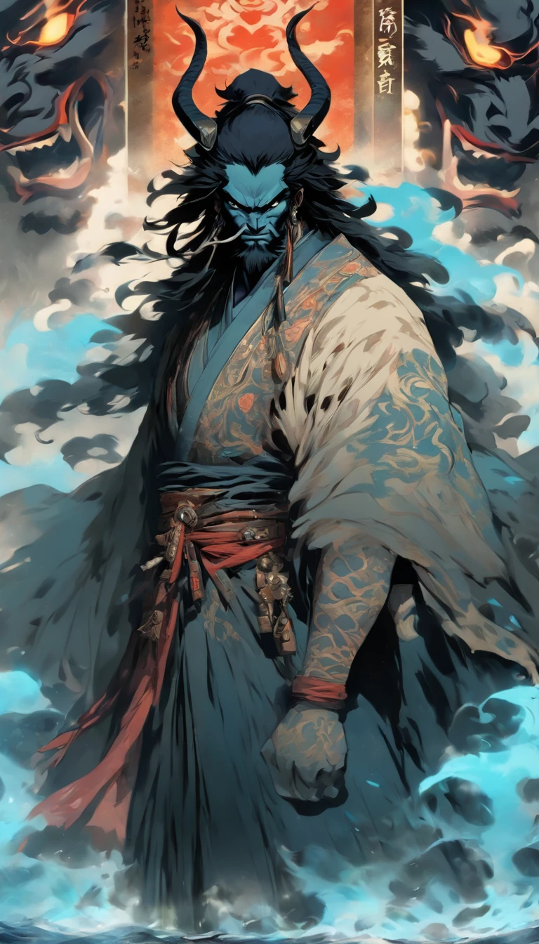 middle aged man, Evil painting style, hight resolution, black colored hair, Half of the demon body and half of the demon's face, chinese warrior, Delicate three-dimensional blue flame demon face, beard, Wearing a hat, anger expression, Perfect body proportions, caftan, Black and white robes, The scabbard hangs from the waist, Handsome, full-body view, standing on your feet, (White background:1.3), sword holding, He held a long, wide and heavy knife in his hand, Face the lens, (Blackn clothes:0.8), high detailing, masutepiece, ccurate, Anatomically correct, Textured skin