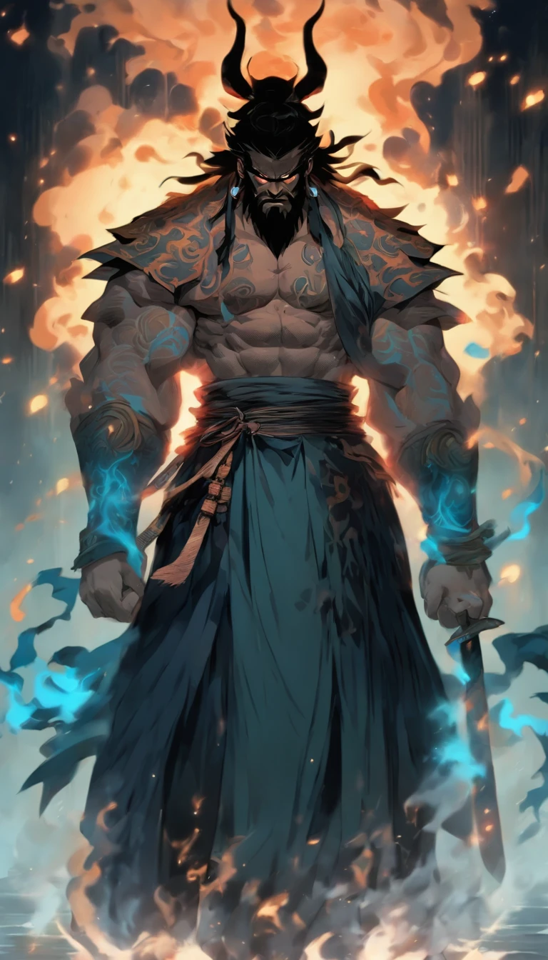middle aged man, Evil painting style, hight resolution, black colored hair, Half of the demon body and half of the demon's face, chinese warrior, Delicate three-dimensional blue flame demon face, beard, Wearing a hat, anger expression, Perfect body proportions, caftan, Black and white robes, The scabbard hangs from the waist, Handsome, full-body view, standing on your feet, （White background：1.3）, sword holding, He held a long, wide and heavy knife in his hand, Face the lens, （Blackn clothes：0.8）, high detailing, masutepiece, ccurate, Anatomically correct, Textured skin