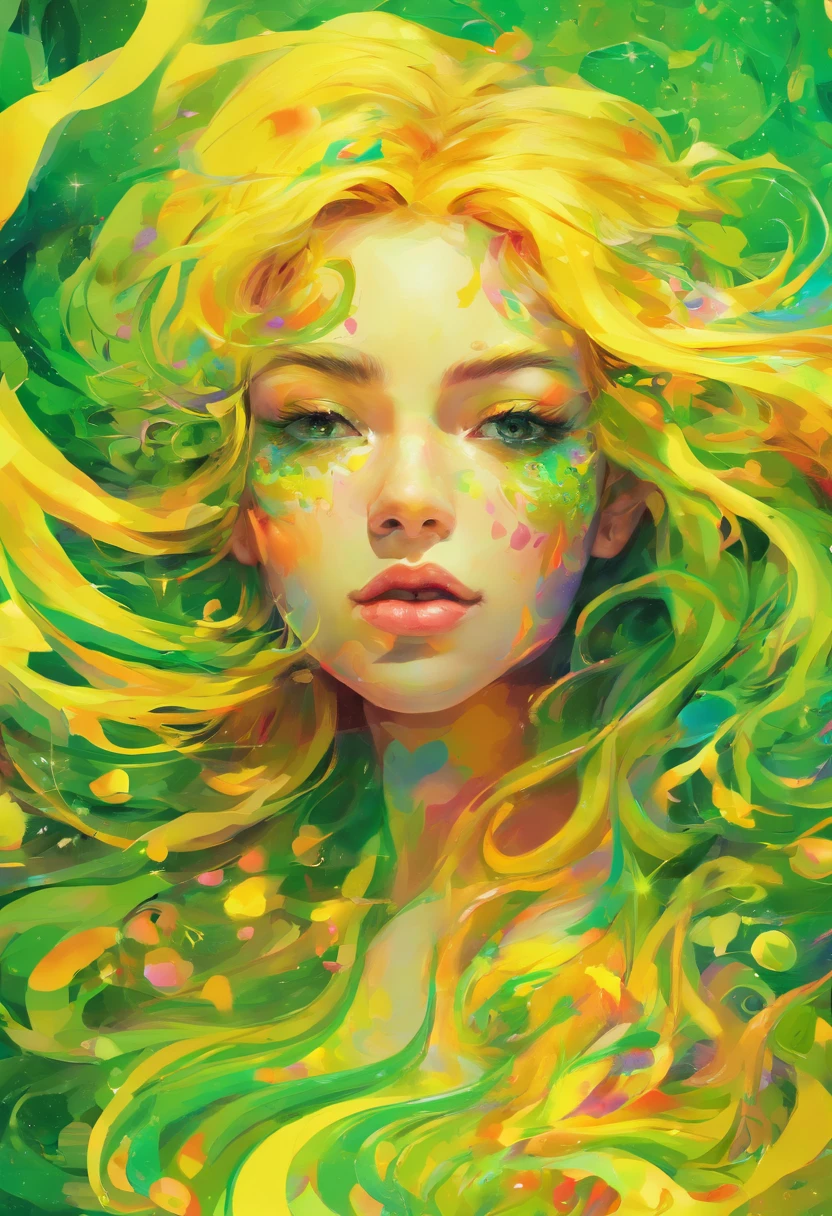 ((top-quality, 8K)), (Realistic), (Face Focus: 1.1), (Yellow and green: 1.3), Kawaii Girl, Hair fluttering in the wind, Facing to the side, (nudde: 1.1)、D Cup Breasts、
