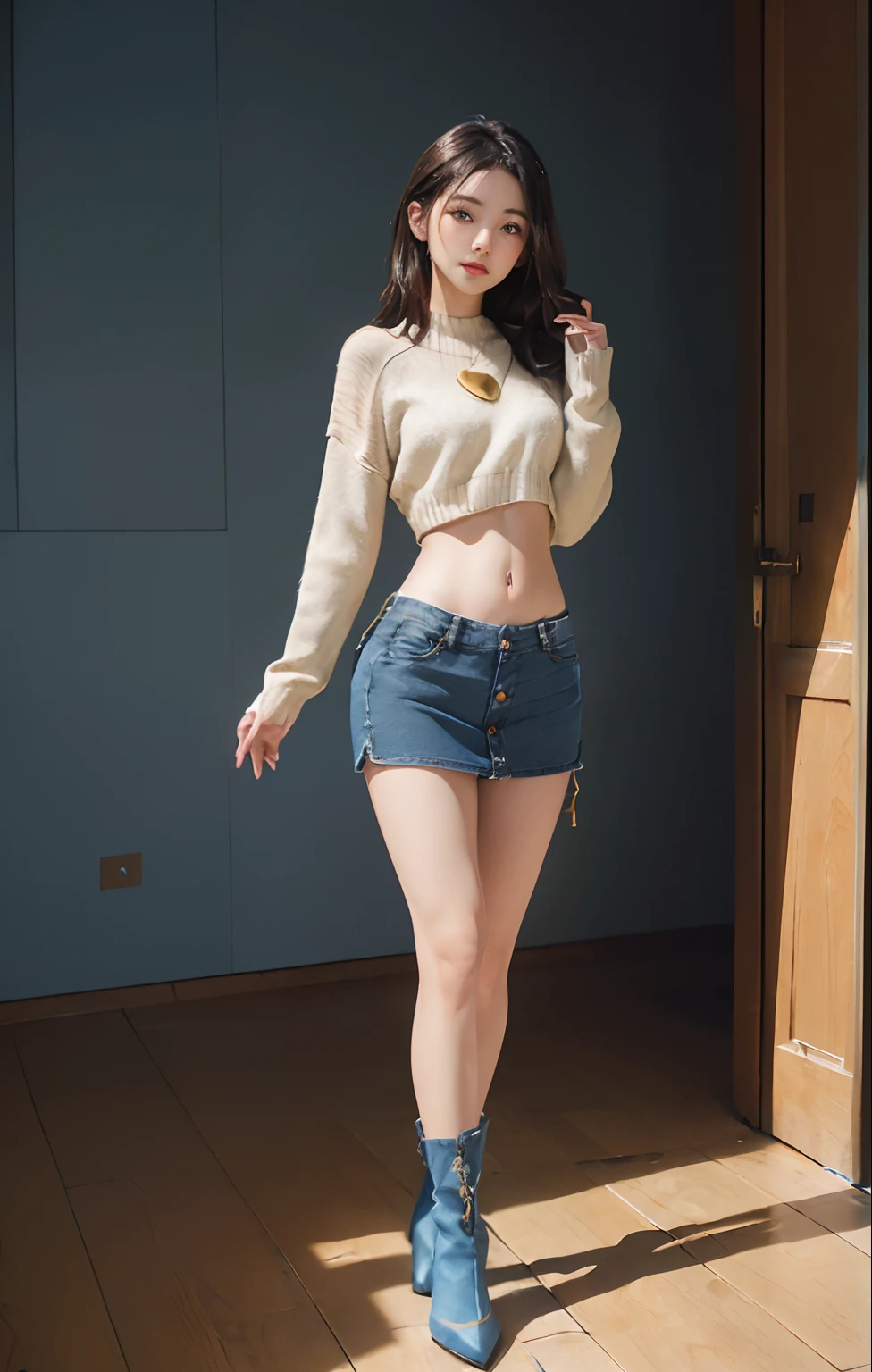 ((masuter piece:1.3)、(8K、Photorealsitic、Raw photography、top-quality: 1.4)、(1girl in)、Beautiful expression、(Lifelike face)、(A dark-haired、long)、 Beautiful hairstyle、realisticeyes、Beautiful details、(real looking skin)、Beautiful skins、absurderes、enticing、超A high resolution、A hyper-realistic、high-detail、the golden ratio、 ((wide open abdomen))、((open abdomen))、((wide open navel))、((open navel))、((Bare belly))、((Mid-Riff Sweater))、((Ultra-low rise、Denim Mini Skirt))、 ((Navel Ejection))、((small hips))、((long limbs))、((Full body depiction))、((small hip))、(boots)、((Ultra-low rise))、((Denim Mini Skirt))、((is standing))、