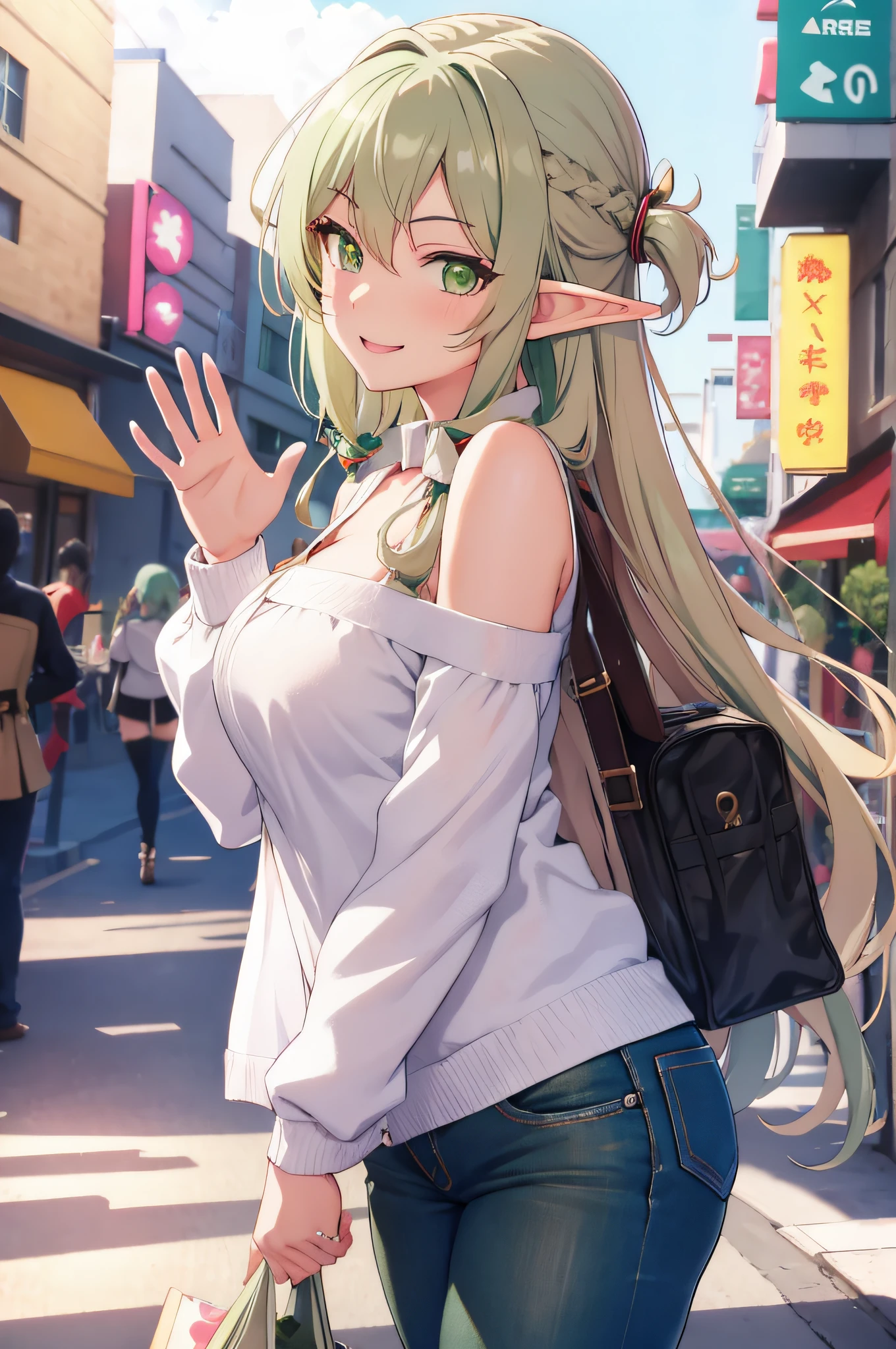 (masterpiece, best quality, detailed) ,1girl, highelfarcher, high elf archer, elf, (green eyes:1.5), (green hair:1.2), hair between eyes, long hair, pointy ears, sidelocks, jeans walking down the street,cute anime girl, pretty anime girl, smooth anime cg art, beautiful anime girl, attractive anime girl, ecchi anime style, seductive anime girl.teasing smile, clean detailed anime art,high resolution, (perfect hands, perfect anatomy),