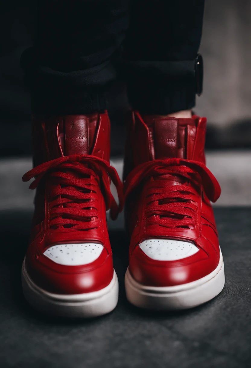 "(Photographie de produits:1.2) Submit a (1.1x rouge vif) pas une paire de baskets avec un (1.1x stylish cyberpunk) aesthetics."