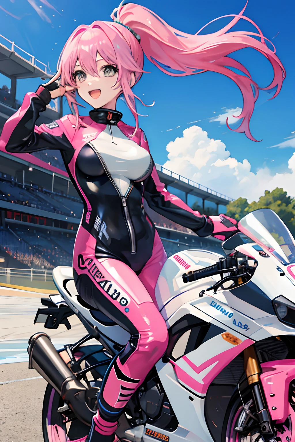 anime girl, pink hair, blue racing suit, motorcycle, helmet, excited, pointing, race track, f cup breasts, latex suit, long hair, ponytail