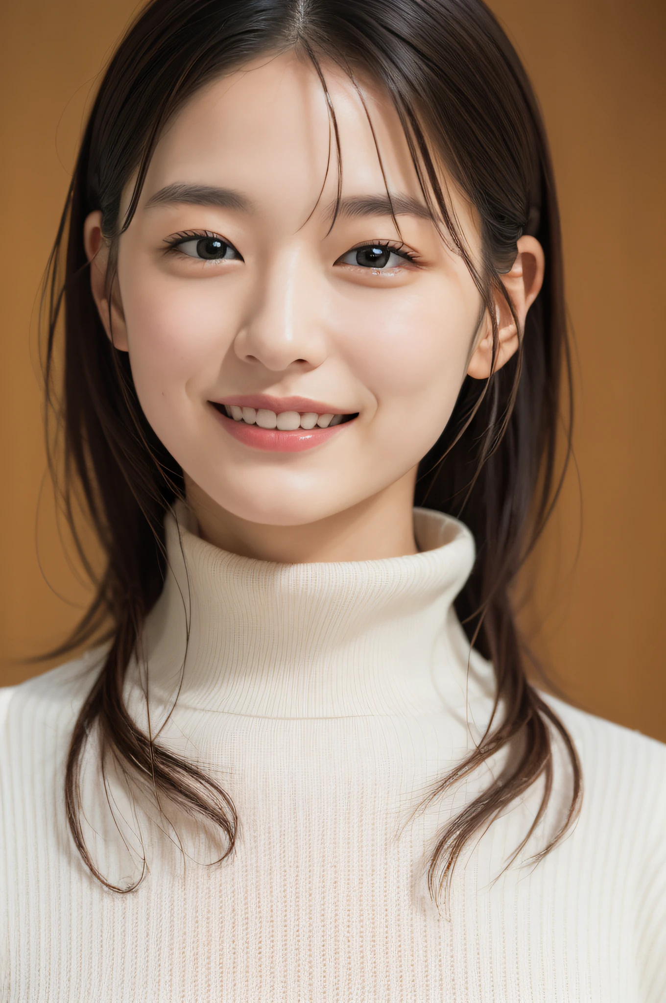 (masterpiece, best quality, looking at viewer:1.4), close up, raw photo, absurdres, 8k, 85mm, sophisticated, white turtleneck sweater, (smile:0.2)