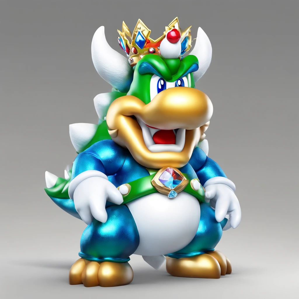 Frosty Bowser, elegant green mane, silver crown with sapphire, teal-blue shell and white scales, ice breath, masterpiece, best quality