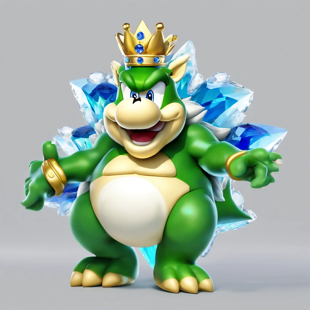 Frosty Bowser, elegant green mane, silver crown with sapphire, teal-blue shell and white scales, ice breath, masterpiece, best quality