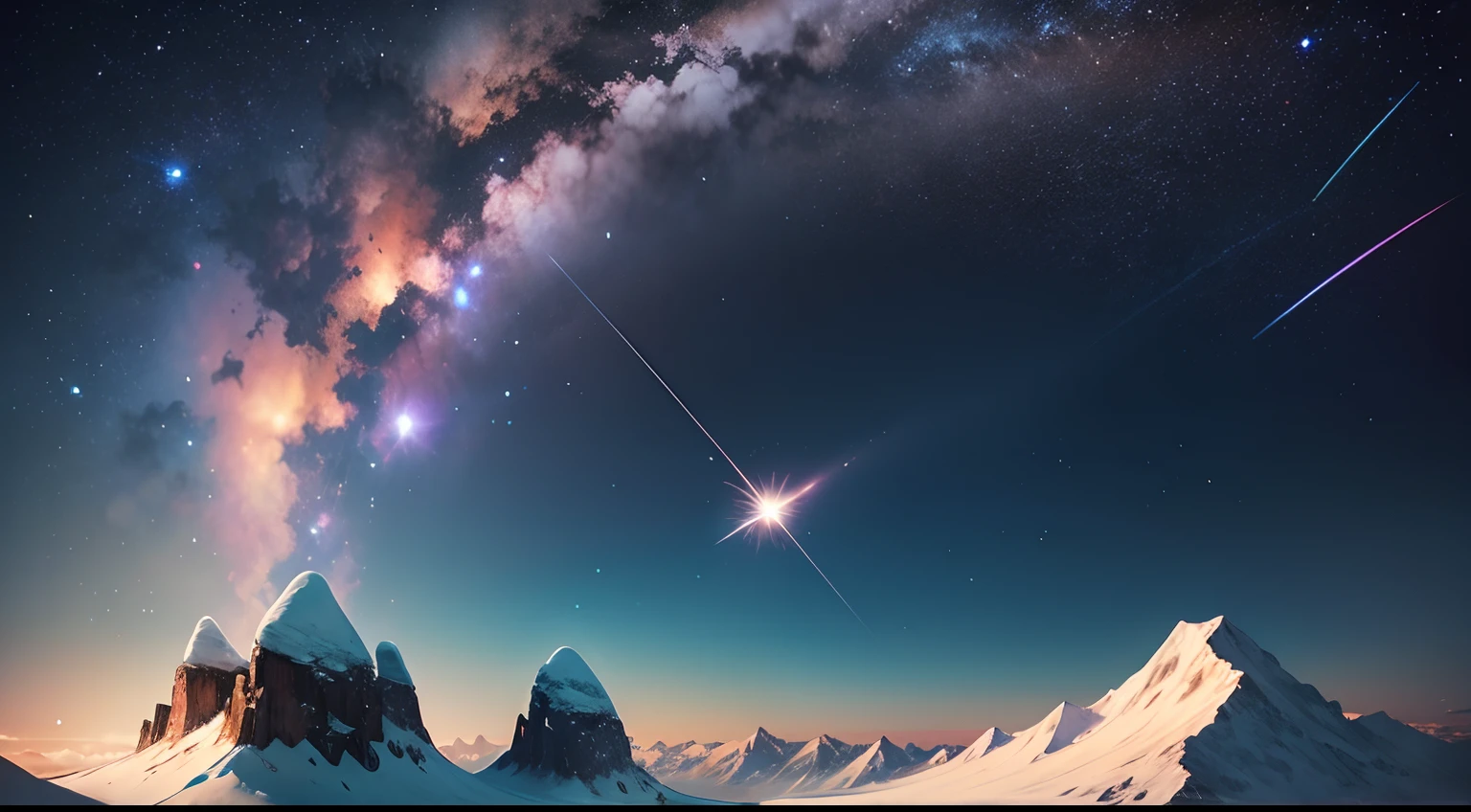 A shooting star falls on a mountain