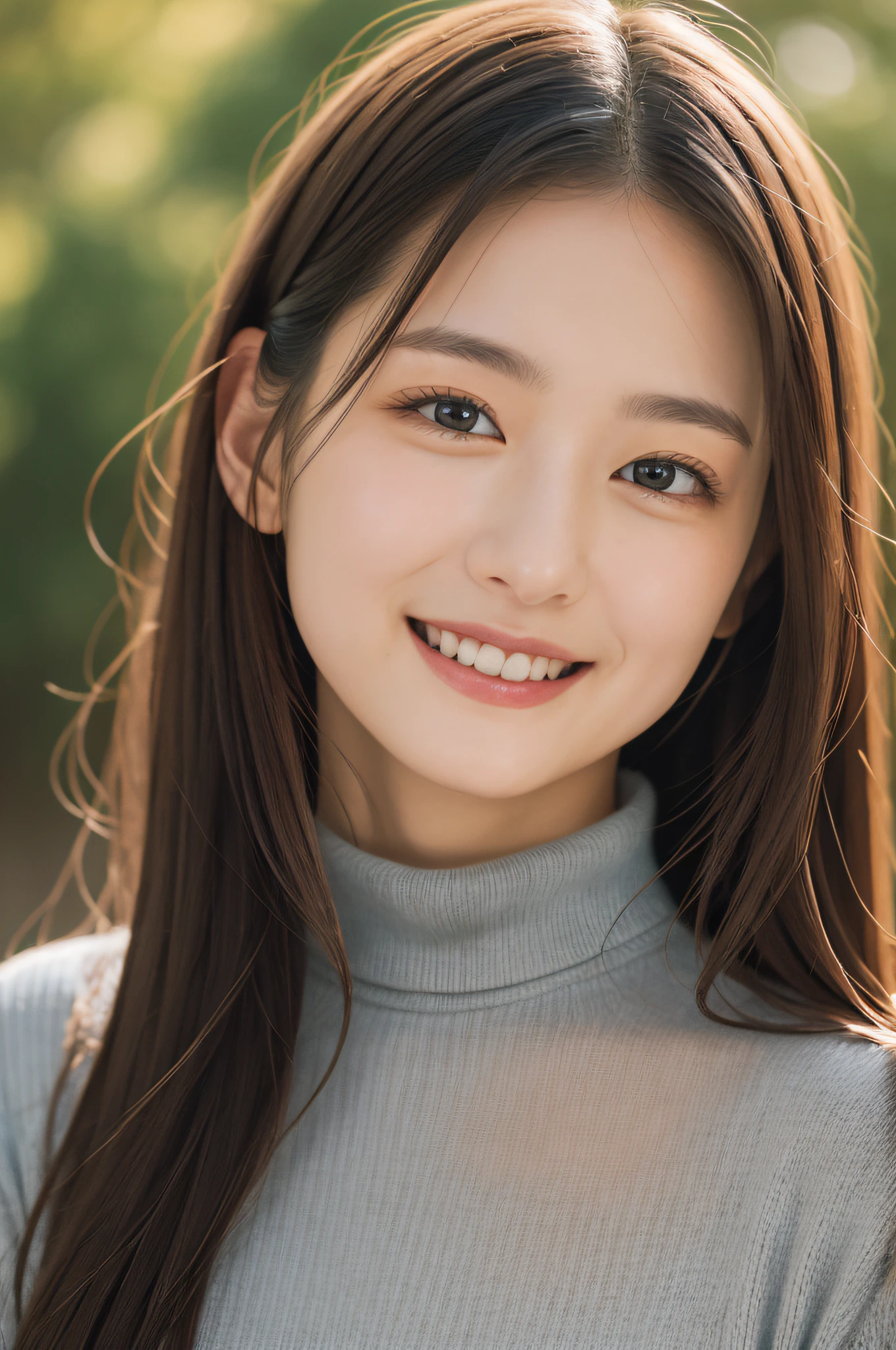 (masterpiece, best quality, looking at viewer:1.4), close up, raw photo, absurdres, 8k, 85mm, sophisticated, brown turtleneck sweater, (smile:0.2)