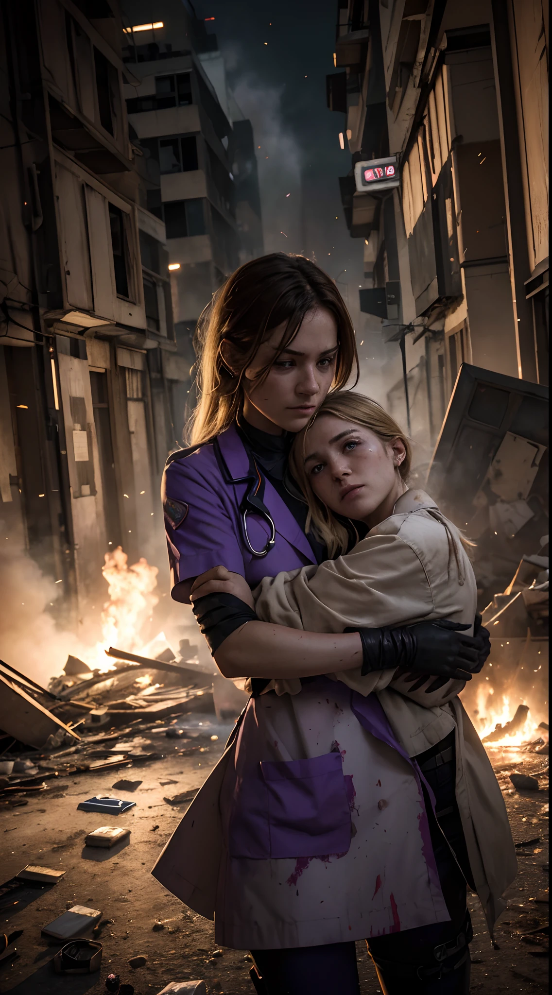 (Ultra-detailed,A high resolution,Masterpiece:1.2),Theater doctors,Blonde man and purple woman hugging,shot wounds,Blood,stethoscope,Medical Bag,Overwhelming emotions,ruined buildings,Smoke,flashing lights,dramatic scene,A hopeful expression,Empathetic eyes,Sympathy,Save lives,Love and care,Emergency rescue,Chaotic atmosphere,Torn clothing,Broken glass,Debris and dust,Heroic efforts,battleground background,Determination,Save lives,Vivid colors,Pain versus hope,Surreal lighting,Critical situation,Unwavering strength,Courage and resilience,Despair and determination are intertwined,Precision movement,Healing hands,Bloodstained gloves,Medical expertise,Heroism in chaos,Deep connection,Strong bonding.