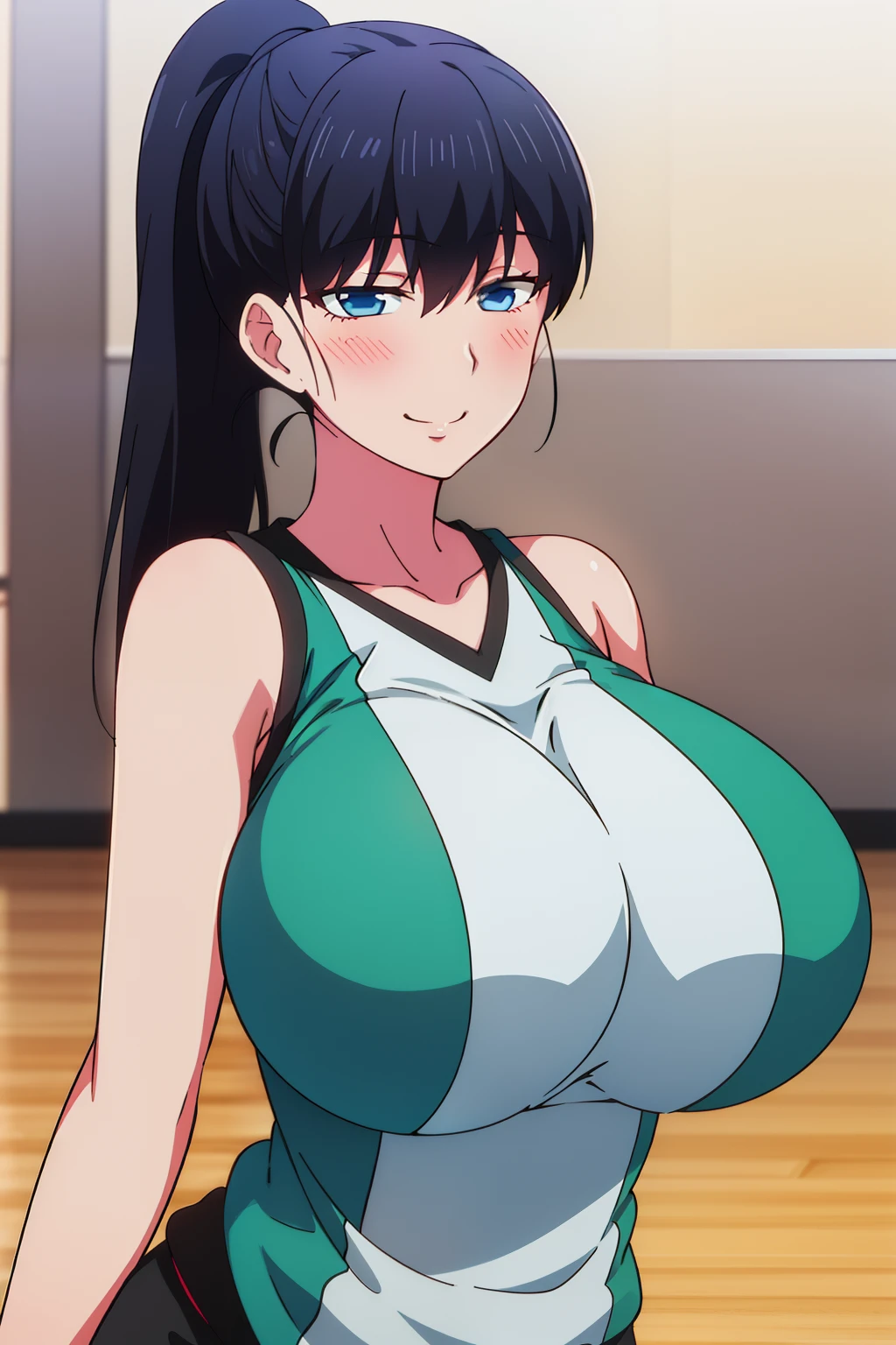 Best Quality, High resolution, Bare shoulders,Green_Sportswear,Sleeveless,鎖骨,Black_Shorts, Black_hair,Blue eyes,Ponytail,Bangs,Long hair ,(Huge breasts:1.2), blush, Smile, Indoors