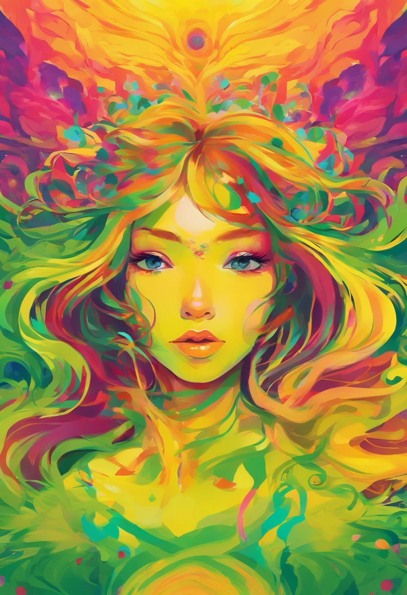 ((top-quality, 8K)), (Realistic), (Face Focus: 1.1), (Yellow and green: 1.3), Kawaii Girl, Hair fluttering in the wind, Facing to the side, D Cup Breasts、