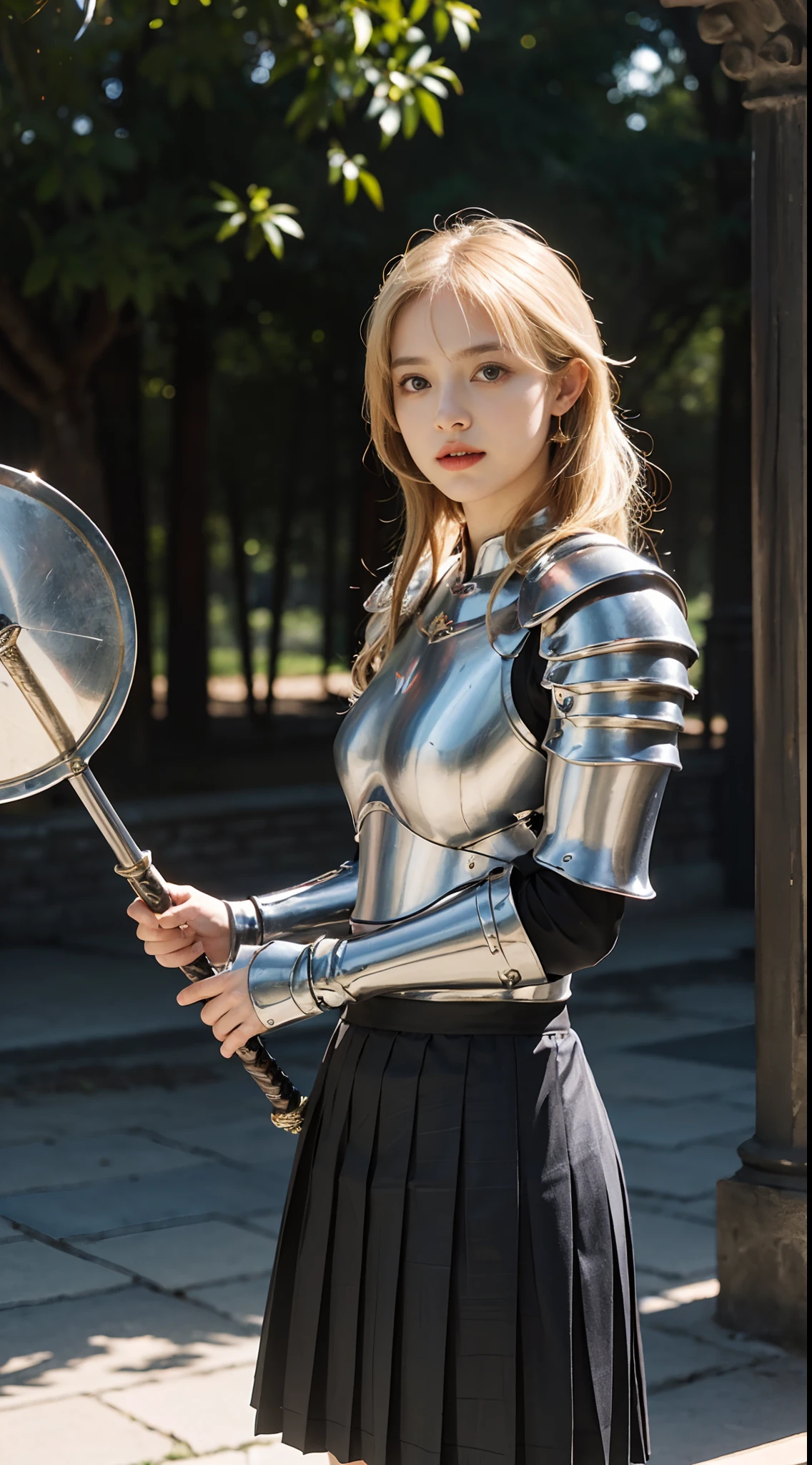 bright look、ponytale、young, sparkling, White and radiant skin、Best Look、The reflection of blonde hair、Platinum blonde hair with dazzling highlights、shiny light hair,、Super Long Silk Straight Hair、Radiant beautiful bangs、Radiant clear attractive big blue eyes、Very beautiful, dashing, Cute 16 year old girl、Lush bust,Beautiful detailed eyes, Beautiful detailed nose,(( s whole body:1.25)),Makeup emphasizes the eyes、((pleated skirt:1.3)),(Women like Joan of Arc:1.3)、(S armor:1.3)、knightage, (Equipped with a sword and shield:1.2),Royal style,comic style, , Sub-surface scattering, Dazzling detail, Natural background, A hyper-realistic, films, with dramatic lighting, masutepiece、(Decorative armor)、(Wearing an aura:1.5)、CIRCLET、((Princess Knights))、Frild、