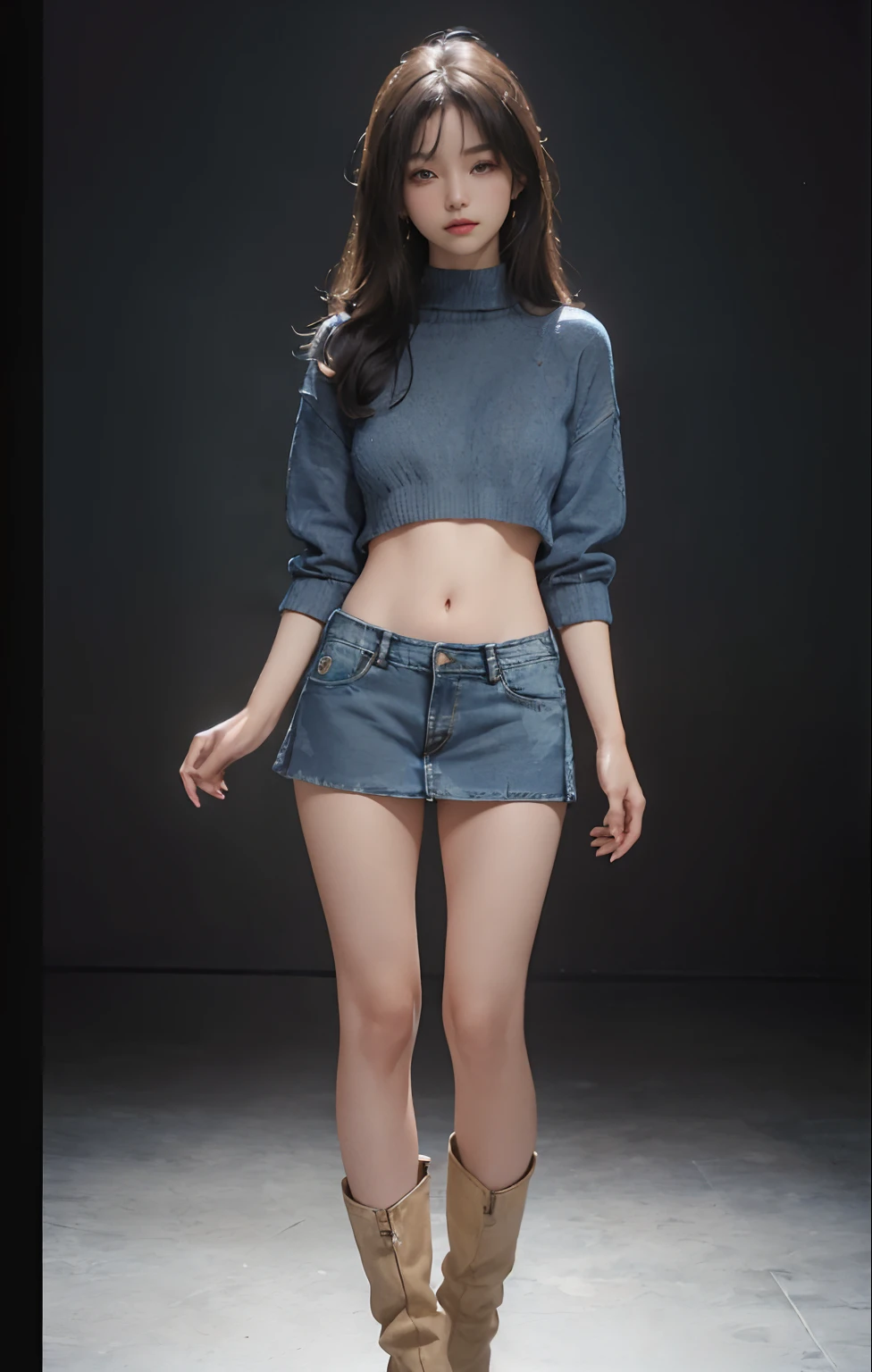 ((masuter piece:1.3)、(8K、Photorealsitic、Raw photography、top-quality: 1.4)、(1girl in)、Beautiful expression、(Lifelike face)、(A dark-haired、long)、 Beautiful hairstyle、realisticeyes、Beautiful details、(real looking skin)、Beautiful skins、absurderes、enticing、超A high resolution、A hyper-realistic、high-detail、the golden ratio、 ((wide open abdomen))、((open abdomen))、((wide open navel))、((open navel))、((Bare belly))、((Mid-Riff Sweater))、((Ultra-low rise、Denim Mini Skirt))、 ((Navel Ejection))、((small hips))、((long limbs))、((Full body depiction))、((small hip))、(boots)、((Ultra-low rise))、((Denim Mini Skirt))、((is standing))、