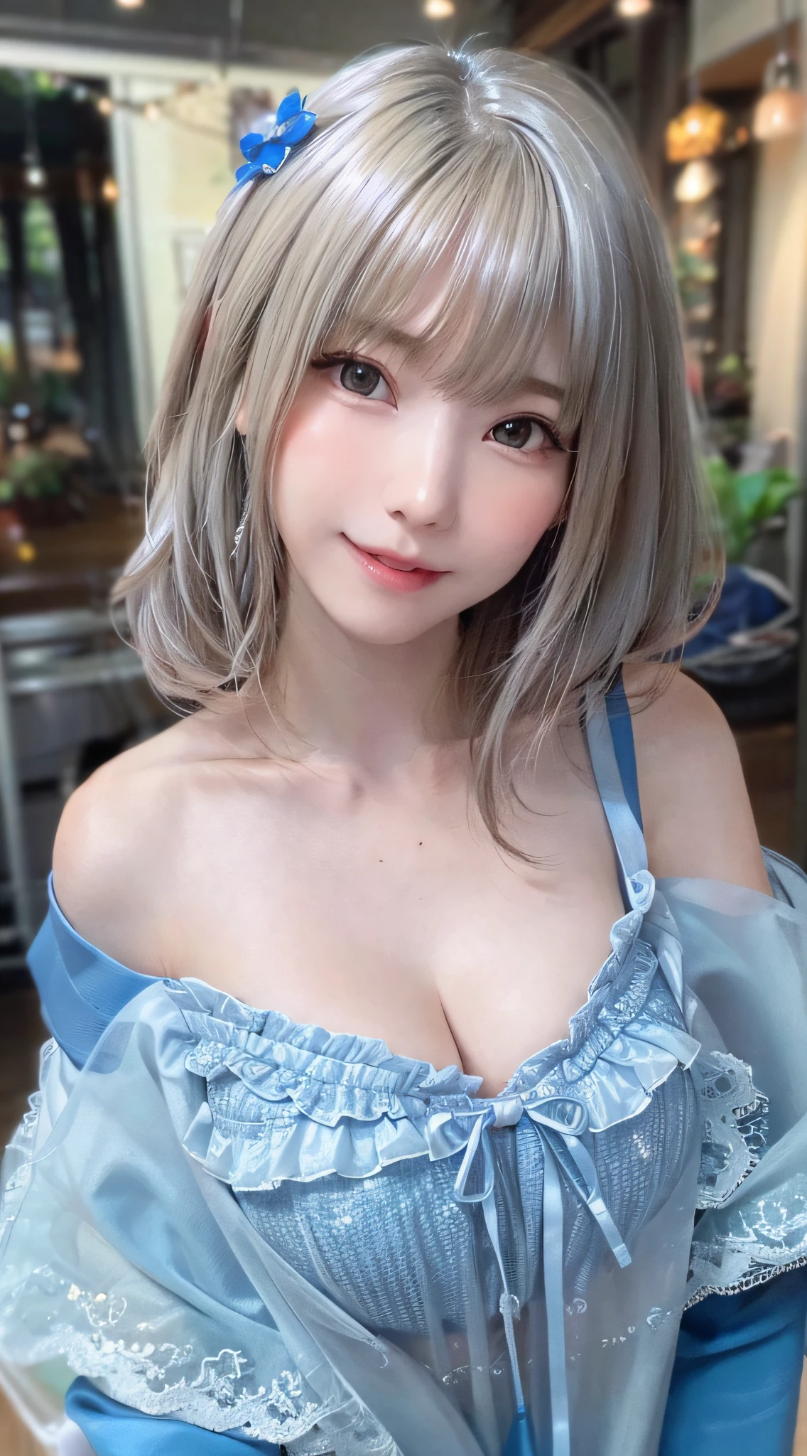 ((close mouth))、((high détails))、((Very strong sunlight))、((((Beautiful silver hair))))、((small head))、(Beautiful silver hair with short wavy:1.2)、FULL BODYSHOT、(((8K, Raw photography)))、 (((The face is Enako of a cosplayer))),(Shot from above in highly detailed 8K)、(extremely delicate and beautiful)、(​masterpiece)、(top-quality:1.0)、(超A high resolution:1.0)、realistic shadow、[hight resolution]、 Detailed skin、ultra-detailliert、(Beautiful hair)、Photorealsitic、Lifelike face、big breasts thin waist、realisticeyes、Small eyes、is looking at the camera、(((between breasts)))、(eye liner)、(mascara)、 Lips with pink lips、((Very happy smile))、Show shoulders、Complex pattern、Basking in the hot sun、It makes you feel the delicate beauty and charm of nature。(((intricate detailes))、a choker、NSFW,((top-quality、8K、​masterpiece:1.3))、Crisp focus:1.2、 (((Hologram Red Corset))),