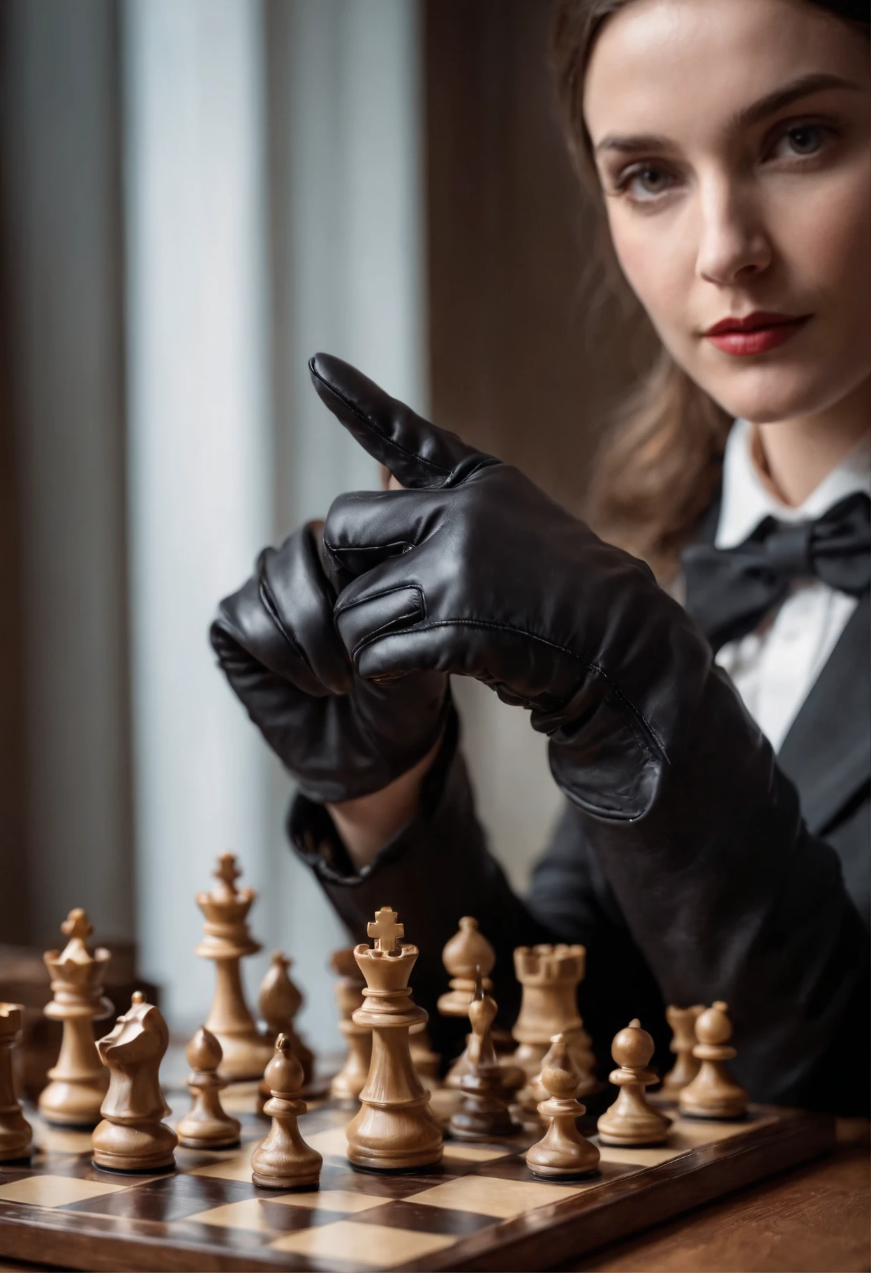 A woman's hand with black leather gloves on the sleeves of a black suit up to a shirt, pointing to a chess piece