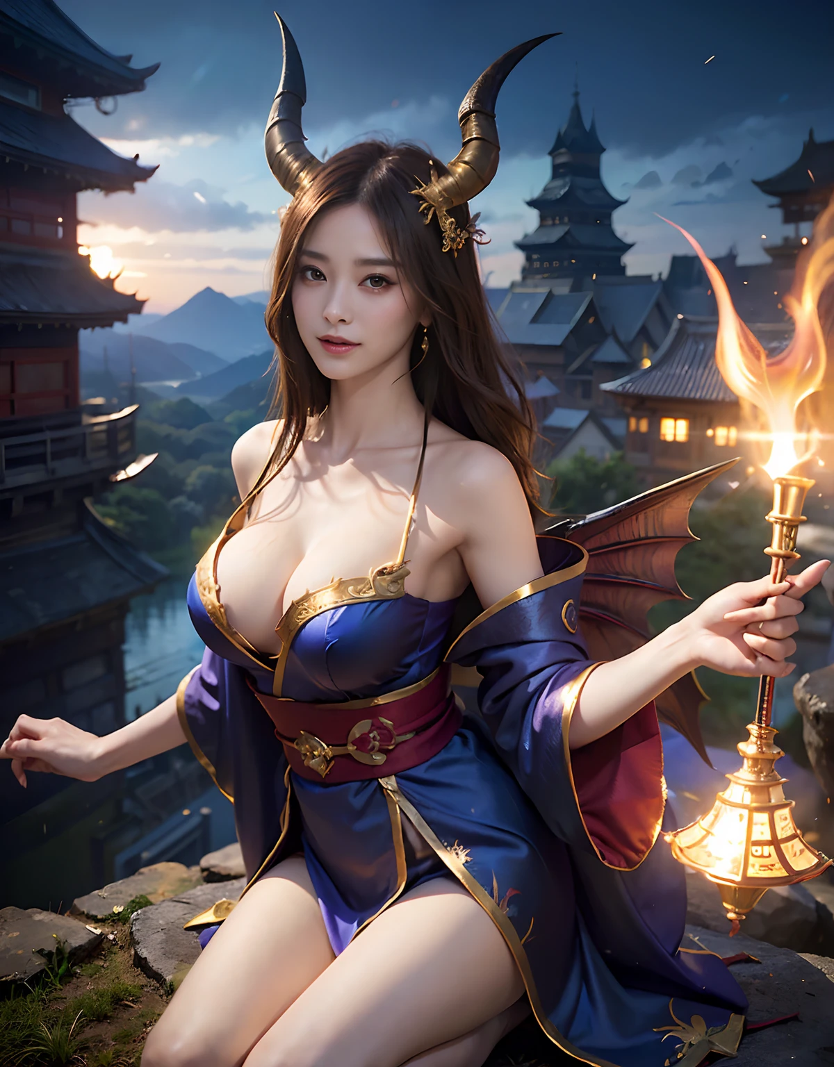 (((masutepiece,))),Professional , ​masterpiece、top-quality、photos realistic , depth of fields 、Raw photo、1a person、glowy skin、（sexypose）、(Maple in full bloom),（Ultimate Beauty）、A dark-haired、Mystical expression、ultrasharp、(a temple background),（）、（shrine background)、（Kimono with beautiful blue pattern）、（Night background）、Beautiful hair ornament on the head、,(intense fighting）,（（Precipitous cliffs））,(Wear a beautiful colorful kimono),（Wear a colorful and beautiful kimono）、（Japan Castle Background）、Jewel Gold Weapon、Particles of light),(intense fighting）、Gorgeous gold weapons ,Castle background、（（ Gorgeous Dragon Sword）） , （a dark night）,,（maikurobikini） 、（（Black Haired Beautiful Girl））、（Castle background）、（demonic wings）、（（Gangle's forest background））、Beautiful Caucasian beauty、１a person、dynamic ungle,(((Two devil's horns on the head)))、Smaller head、Idle Smile、Thin and beautiful female hands、Mystical expression、Light Effects、intense fighting、Wind-effect、magic circles、With the legendary magic wand、Dragon's tail、Anatomically correct fingers、Full Body Angle、Anatomically correct number of fingers、Full Body Angle、（cleavage of the breast）、