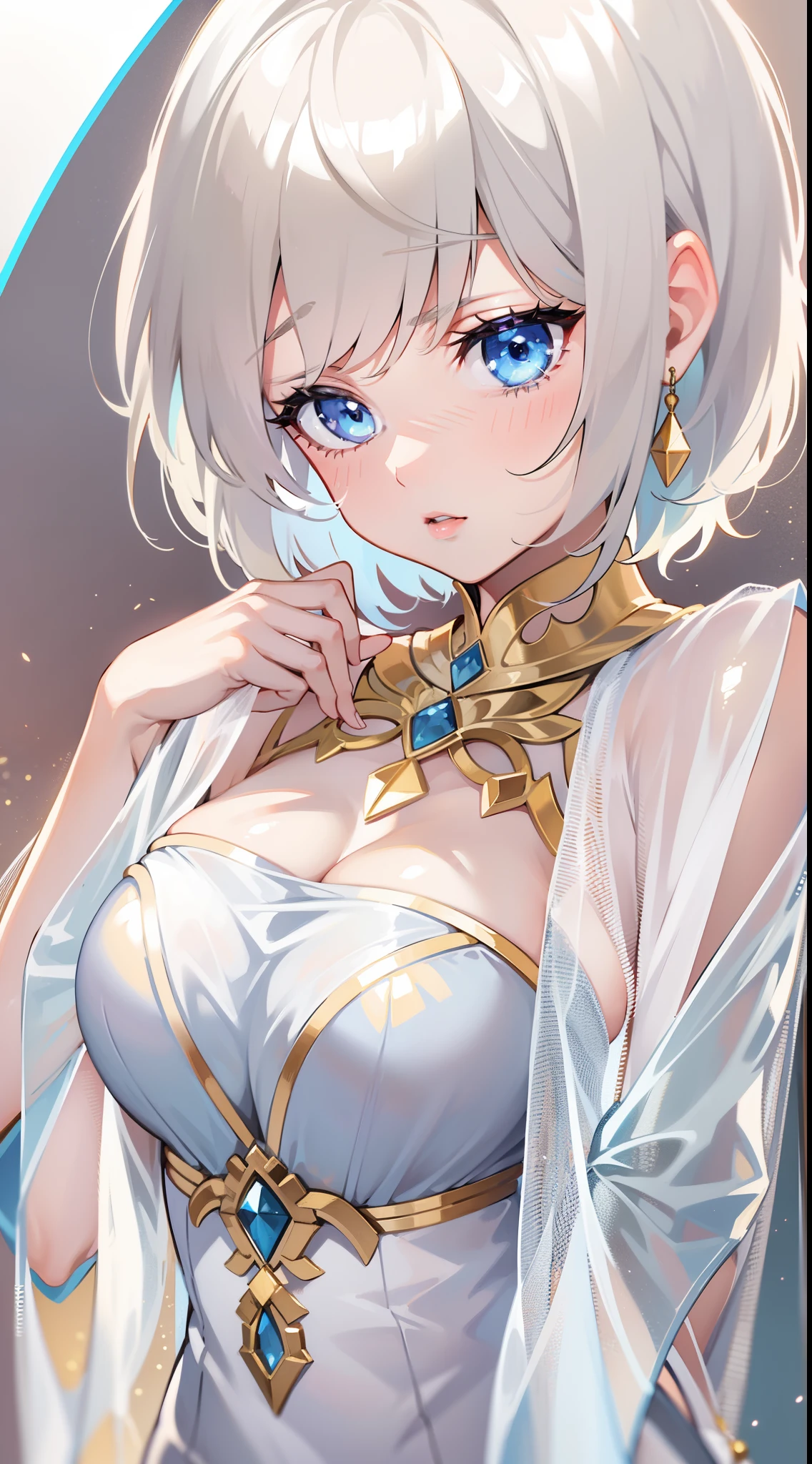 Adult woman, short white hair, blue eyes, transparent queen dress, golden elements, sleeveless, large breasts, open breasts, hiquality, 4k, HD, Good detail