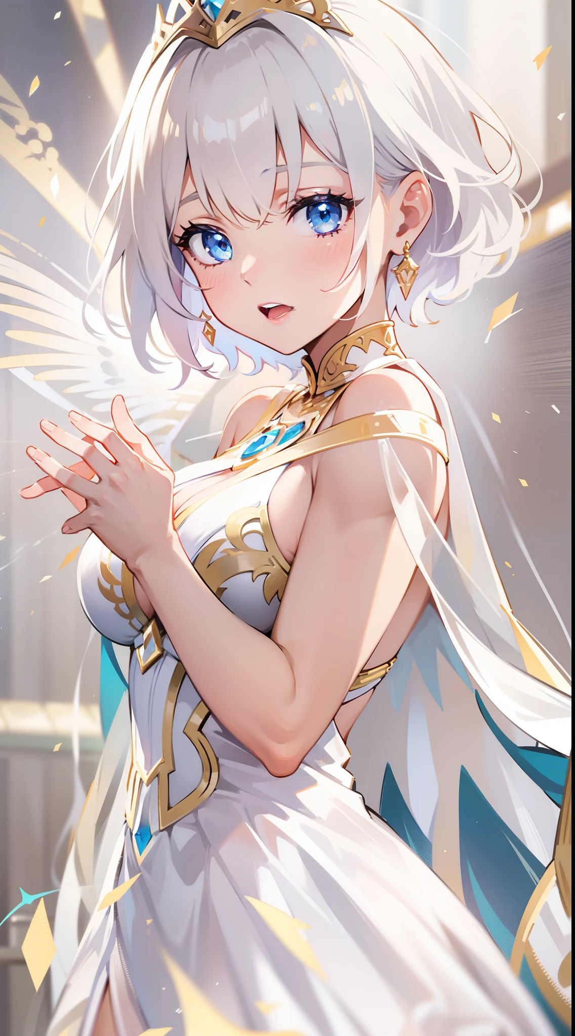 Adult woman, short white hair, blue eyes, transparent queen dress, golden elements, sleeveless, large breasts, open breasts, hiquality, 4k, HD, Good detail