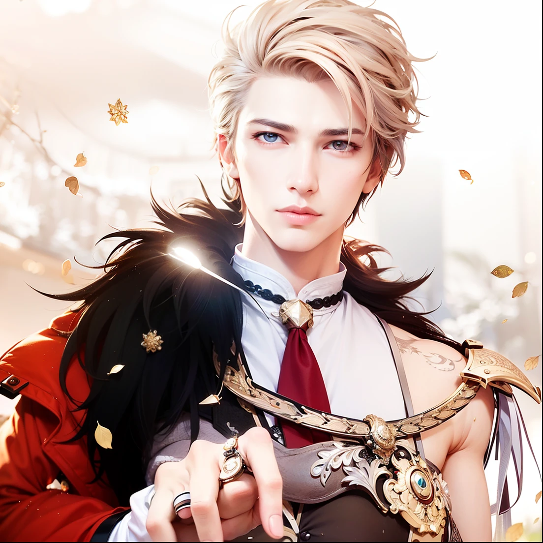 masculine male, masterpiece, ((perfect eyes)) best quality, (semirealism:1.9), beautiful lighting, (extremely detailed CG unity 4k fhd wallpaper), High Detail, Sharp focus, dramatic outdoors, 1 boy ,19 years old, white hair, light purpel eyes, smile.