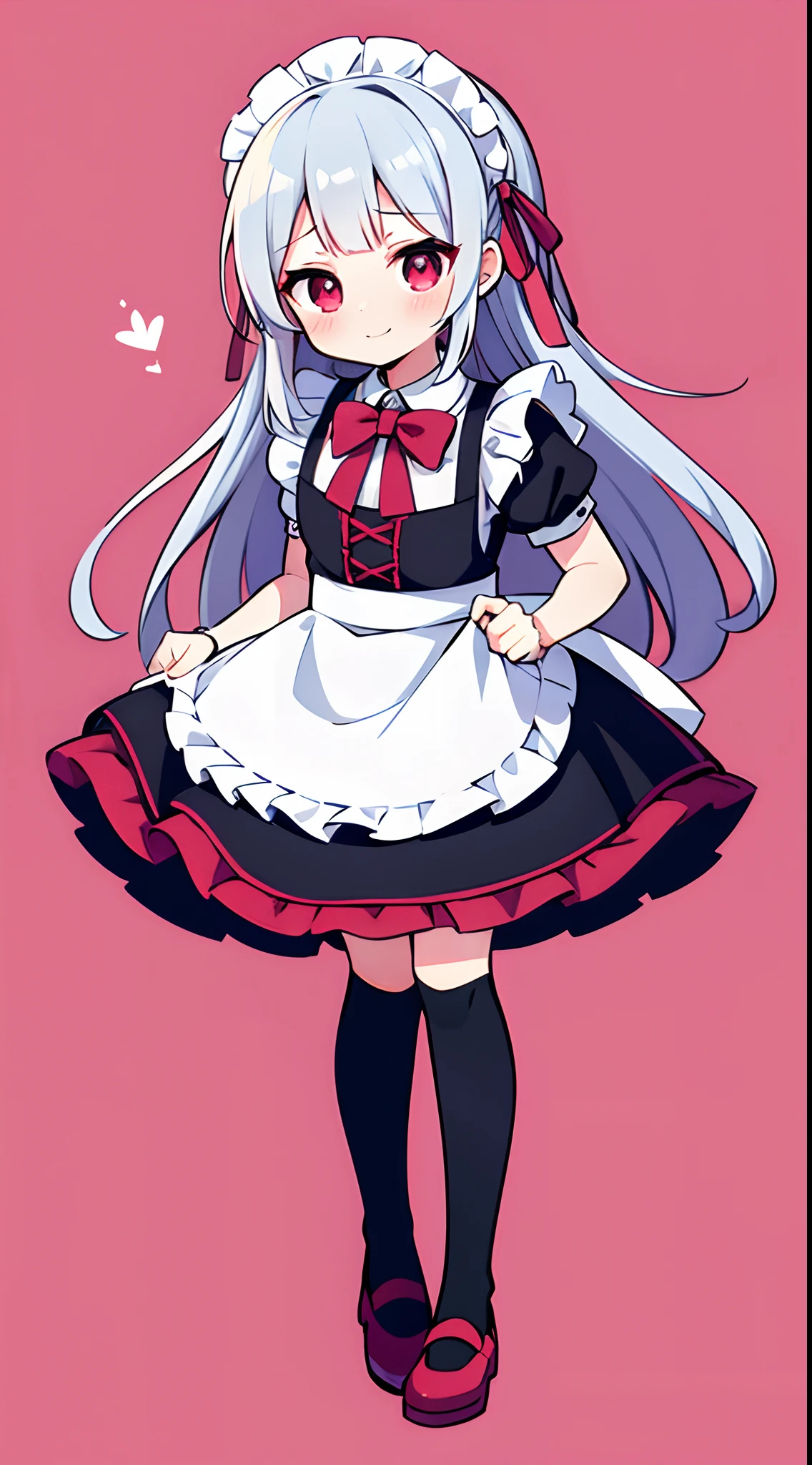 8K picture quality，silber hair,Red-eyed girl,cute little ,Long hair,Heartwarming,a miniskirt,ta,A smile,Thumbnail styles，maid clothes，fluffly，full body Esbian,Embarrassed expression,pink sky background,cute background