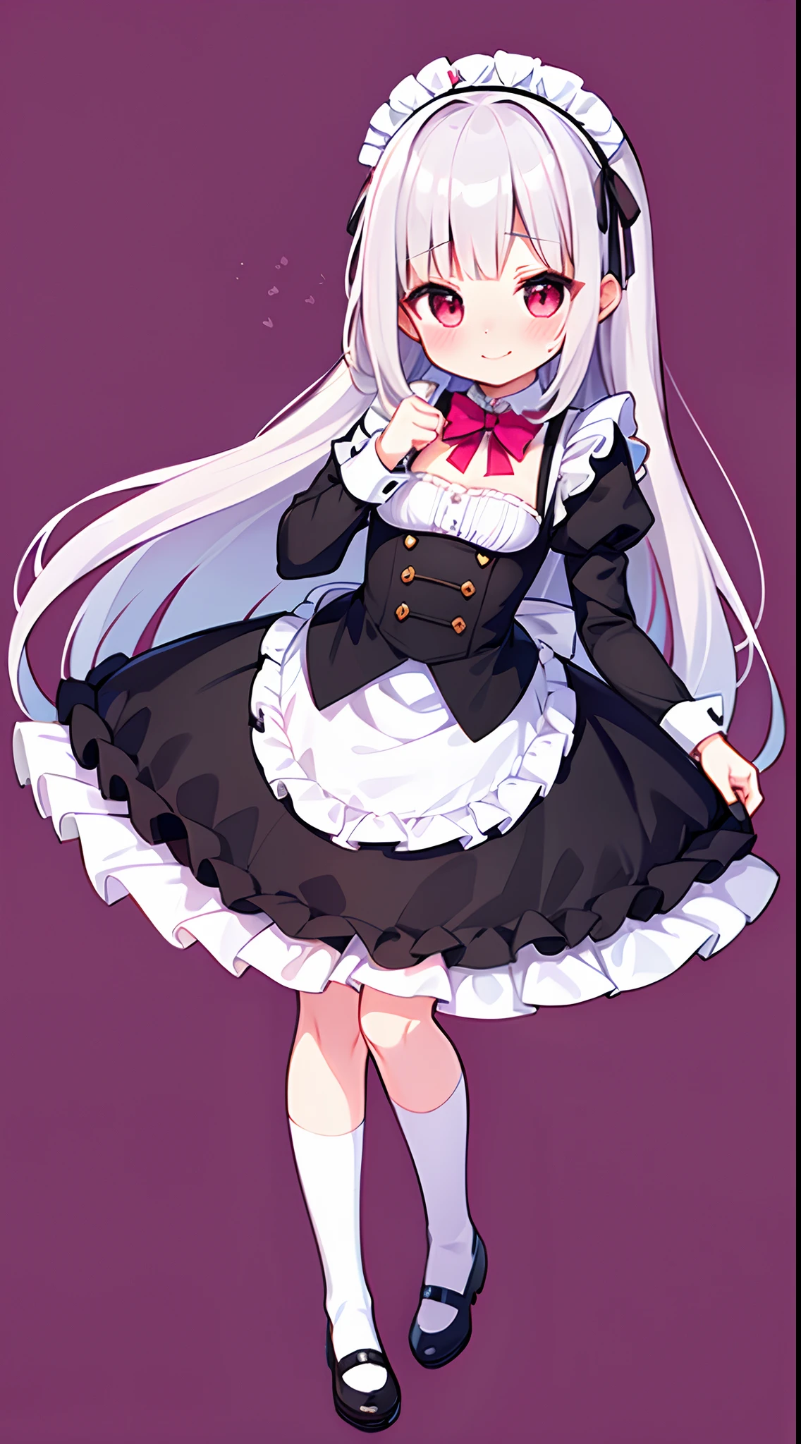 8K picture quality，silber hair,Red-eyed girl,cute little ,Long hair,Heartwarming,a miniskirt,ta,A smile,Thumbnail styles，maid clothes，fluffly，full body Esbian,Embarrassed expression,pink sky background,cute background