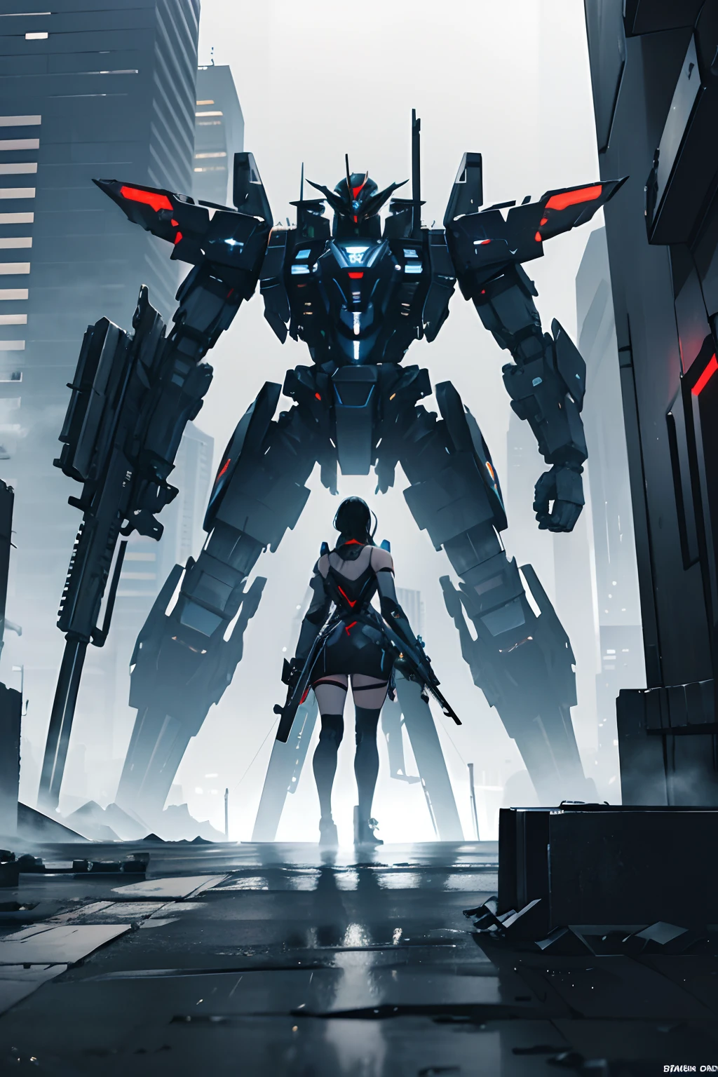 two gigantic 10 storey tall black/gray mech robot holding huge assault rifles on both hands with large shoulder missile launchers and a plasma blade fighting each other, intense battle, high detail, standing in a rainy city, 8k, high resolution