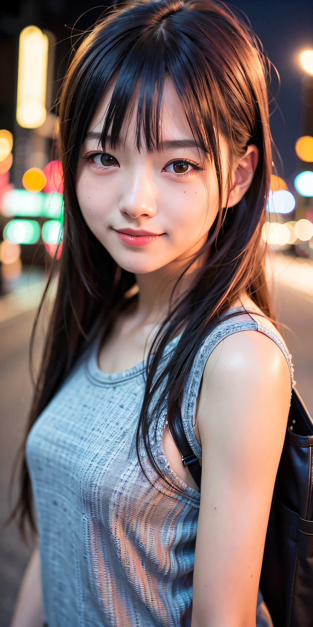 1 girl, Tokyo Street,night, Streetscape,City lights,Upper Body,close,smile,, (8k, RAW Photos, Highest quality, masterpiece:1.2),(Realistic, photo-Realistic:1.37),